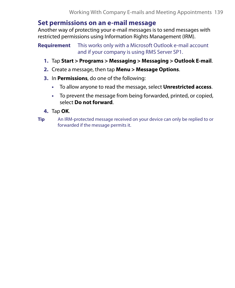 Set permissions on an e-mail message | HTC Tilt 8900 User Manual | Page 139 / 240