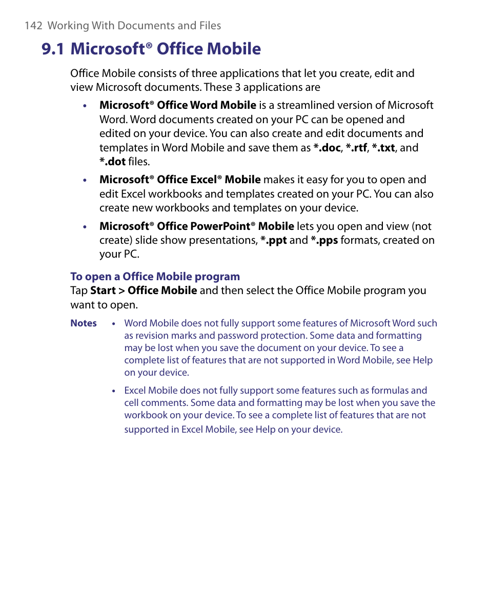 1 microsoft® office mobile | HTC Tilt 8900 User Manual | Page 142 / 240