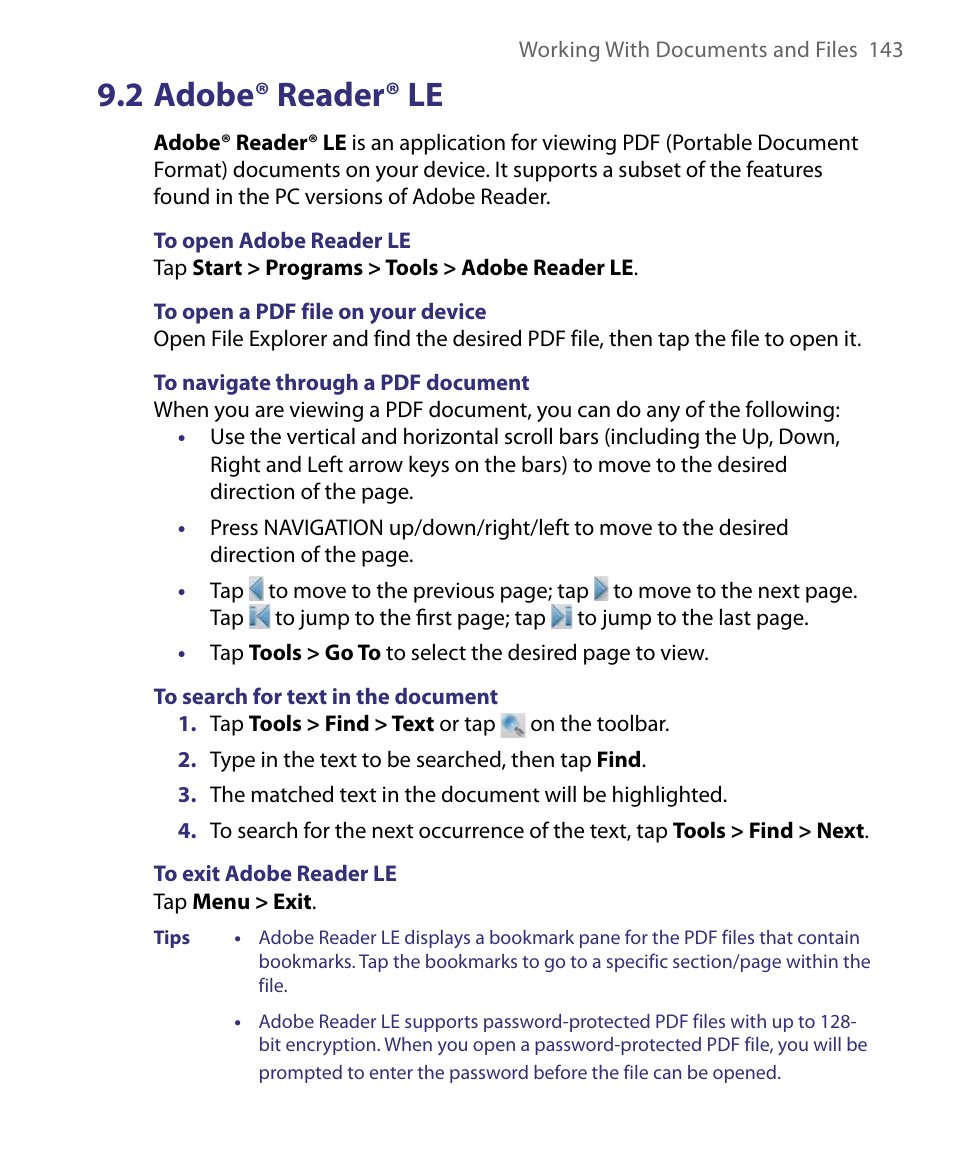 2 adobe® reader® le | HTC Tilt 8900 User Manual | Page 143 / 240