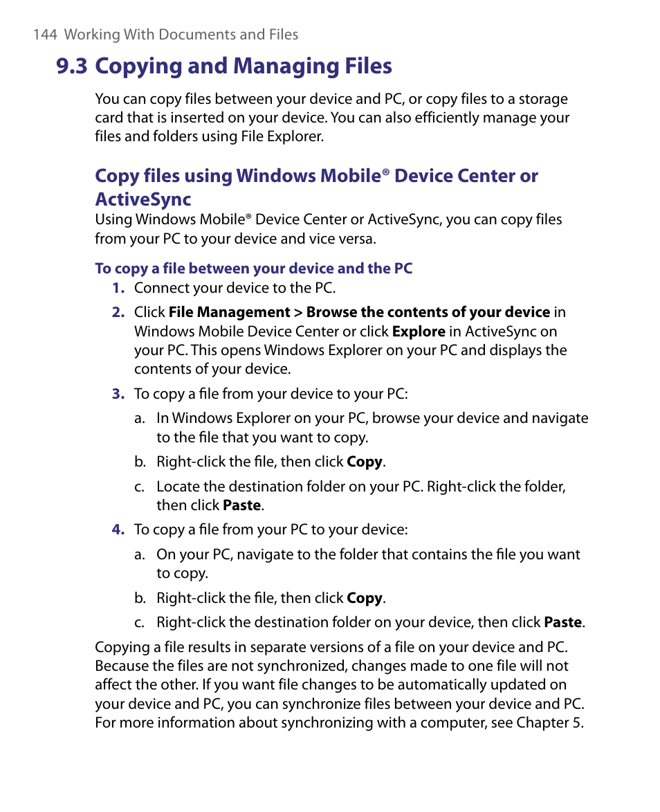 3 copying and managing files | HTC Tilt 8900 User Manual | Page 144 / 240