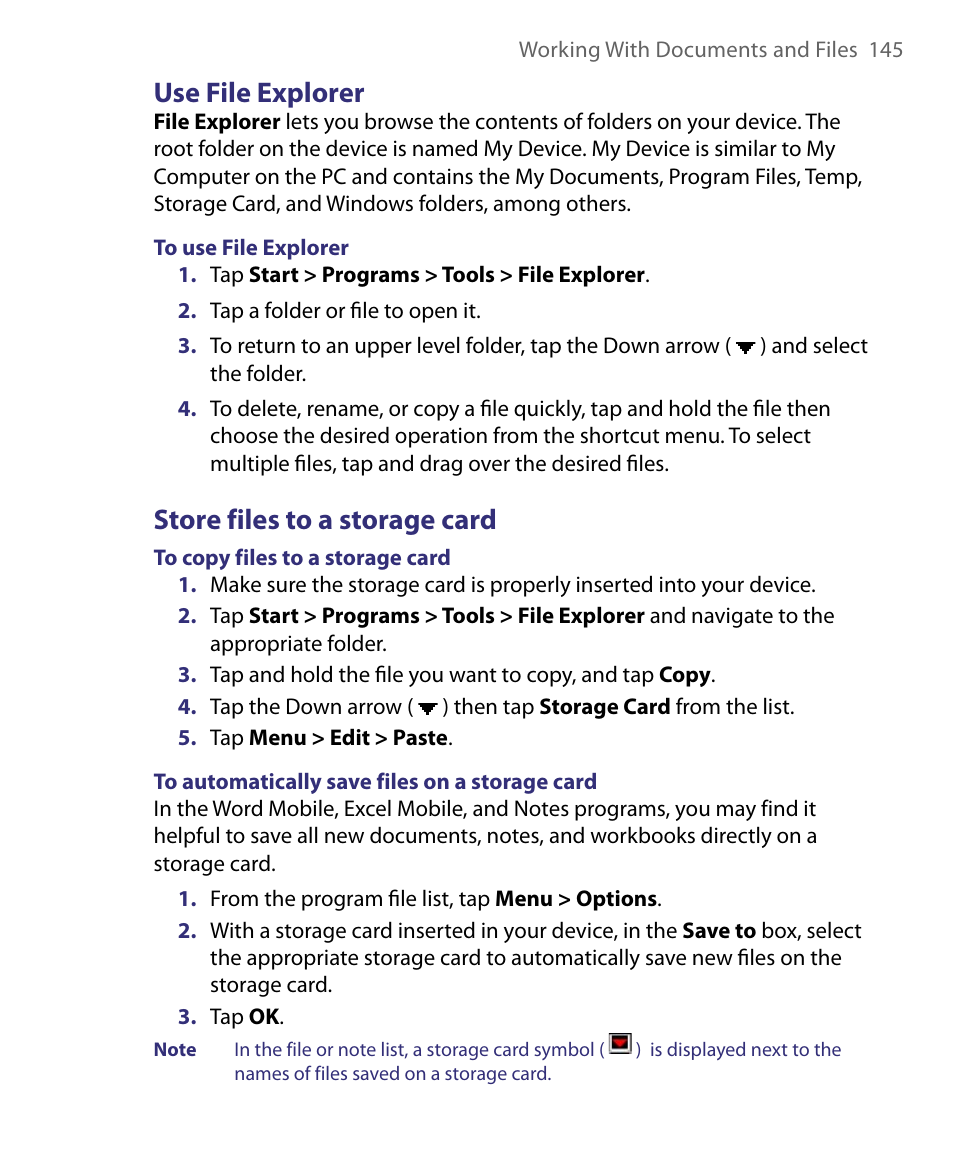 Use file explorer, Store files to a storage card | HTC Tilt 8900 User Manual | Page 145 / 240