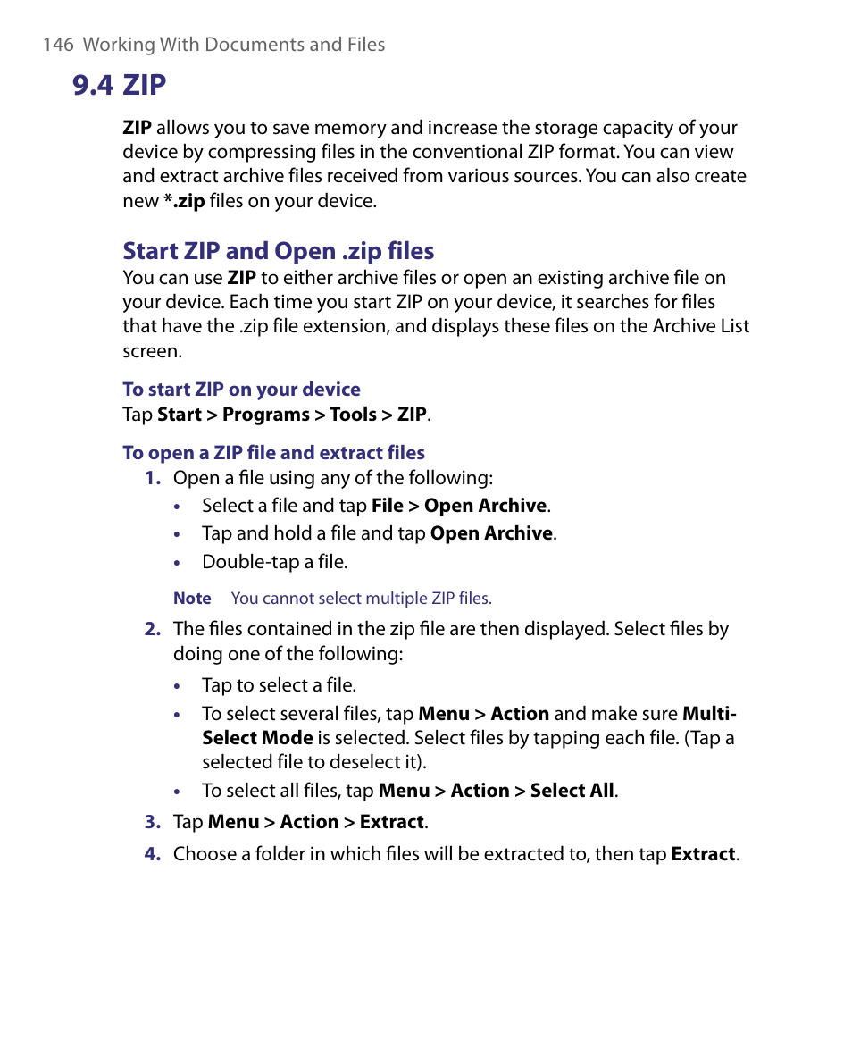 4 zip, Start zip and open .zip files | HTC Tilt 8900 User Manual | Page 146 / 240