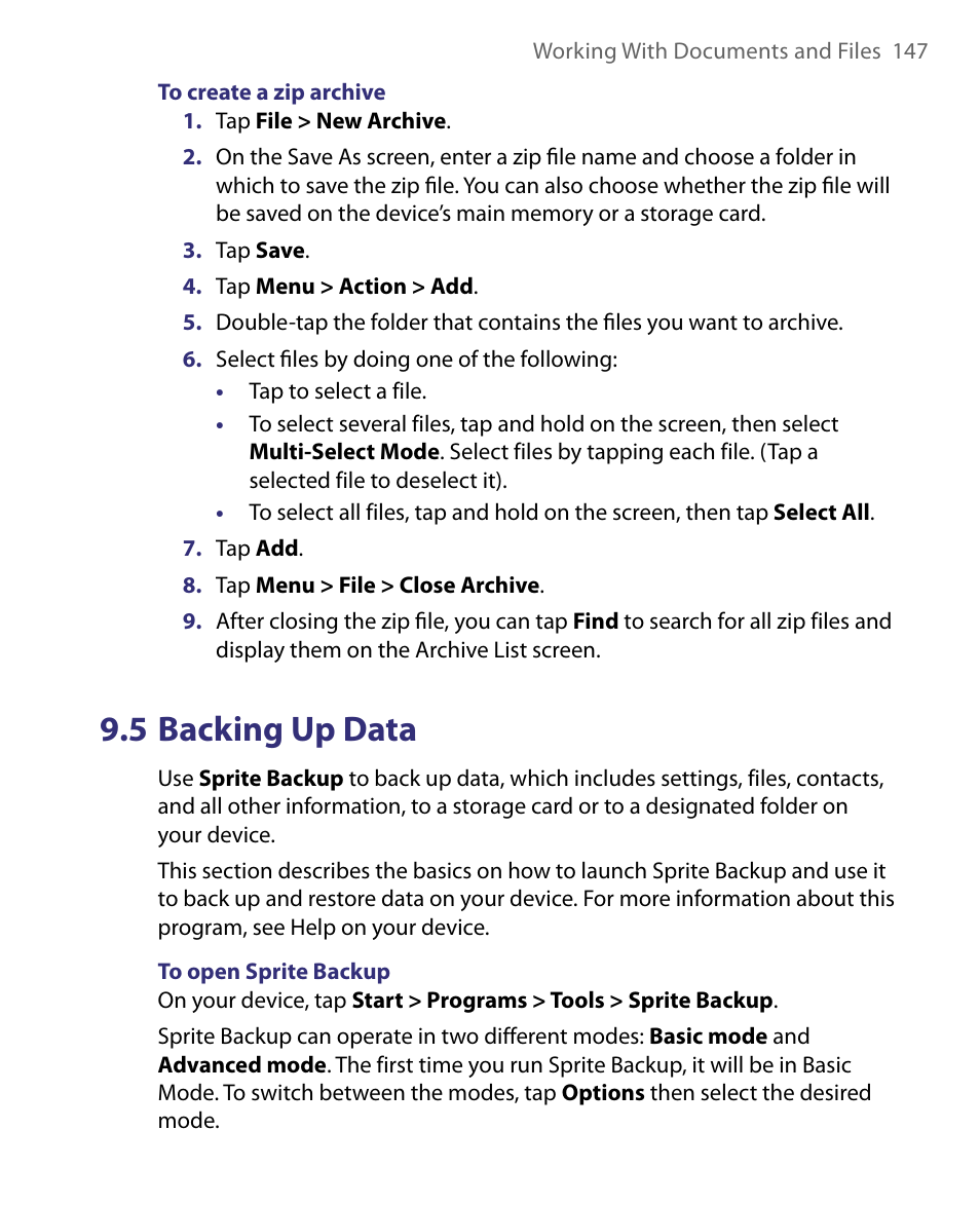 5 backing up data | HTC Tilt 8900 User Manual | Page 147 / 240