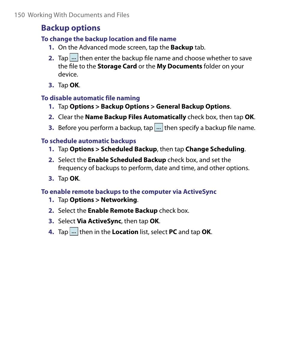 Backup options | HTC Tilt 8900 User Manual | Page 150 / 240