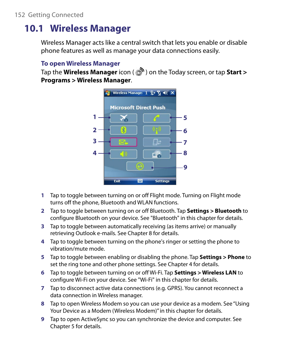 1 wireless manager | HTC Tilt 8900 User Manual | Page 152 / 240