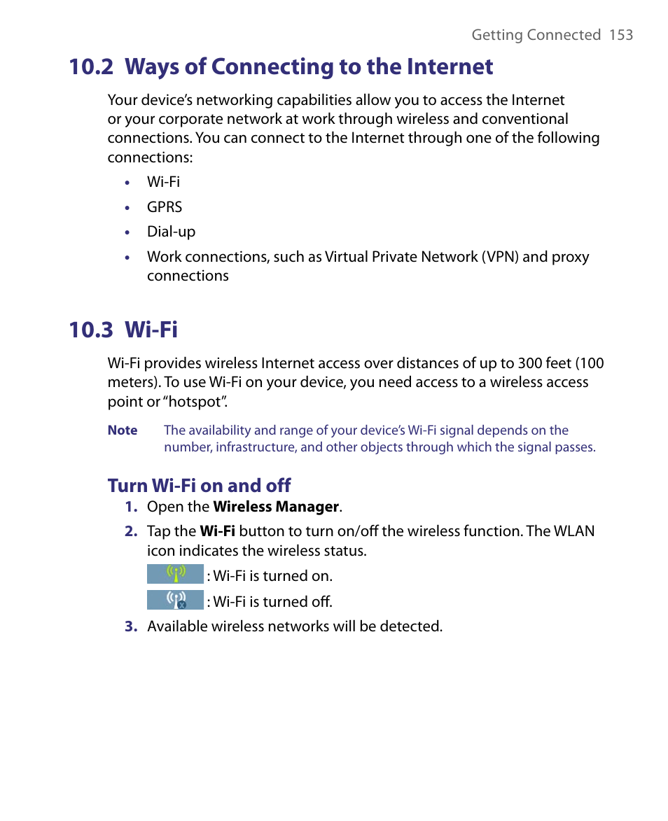 2 ways of connecting to the internet, 3 wi-fi, Turn wi-fi on and off | HTC Tilt 8900 User Manual | Page 153 / 240