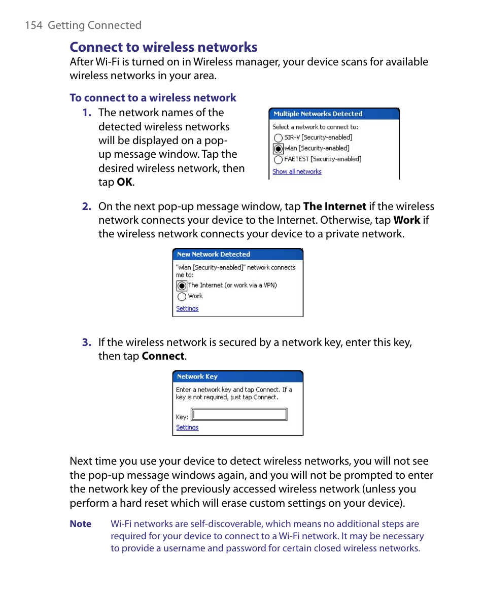 Connect to wireless networks | HTC Tilt 8900 User Manual | Page 154 / 240