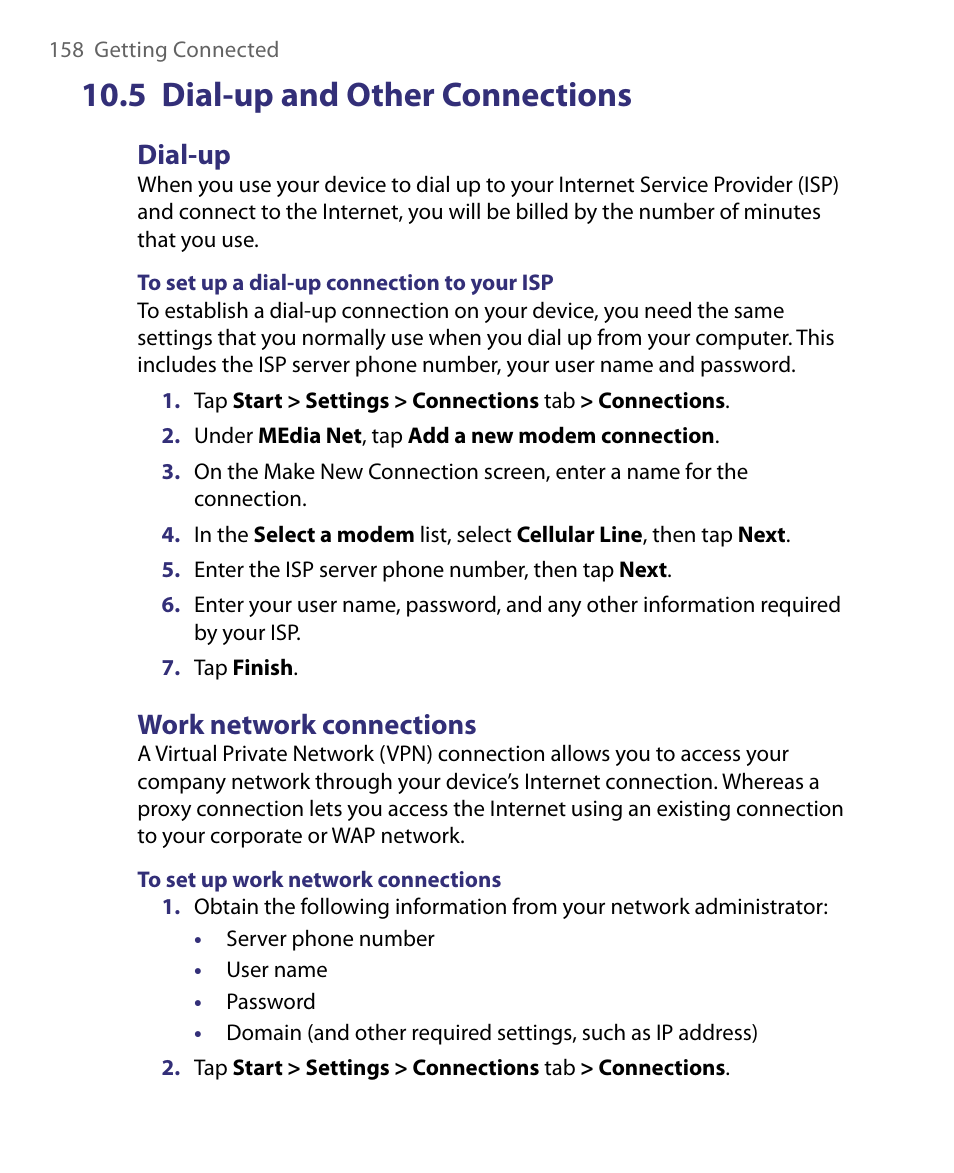 5 dial-up and other connections, Dial-up, Work network connections | HTC Tilt 8900 User Manual | Page 158 / 240