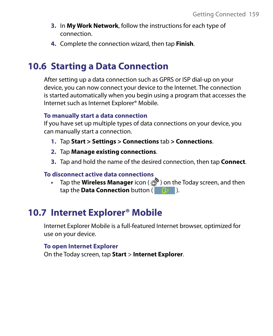 6 starting a data connection, 7 internet explorer® mobile | HTC Tilt 8900 User Manual | Page 159 / 240