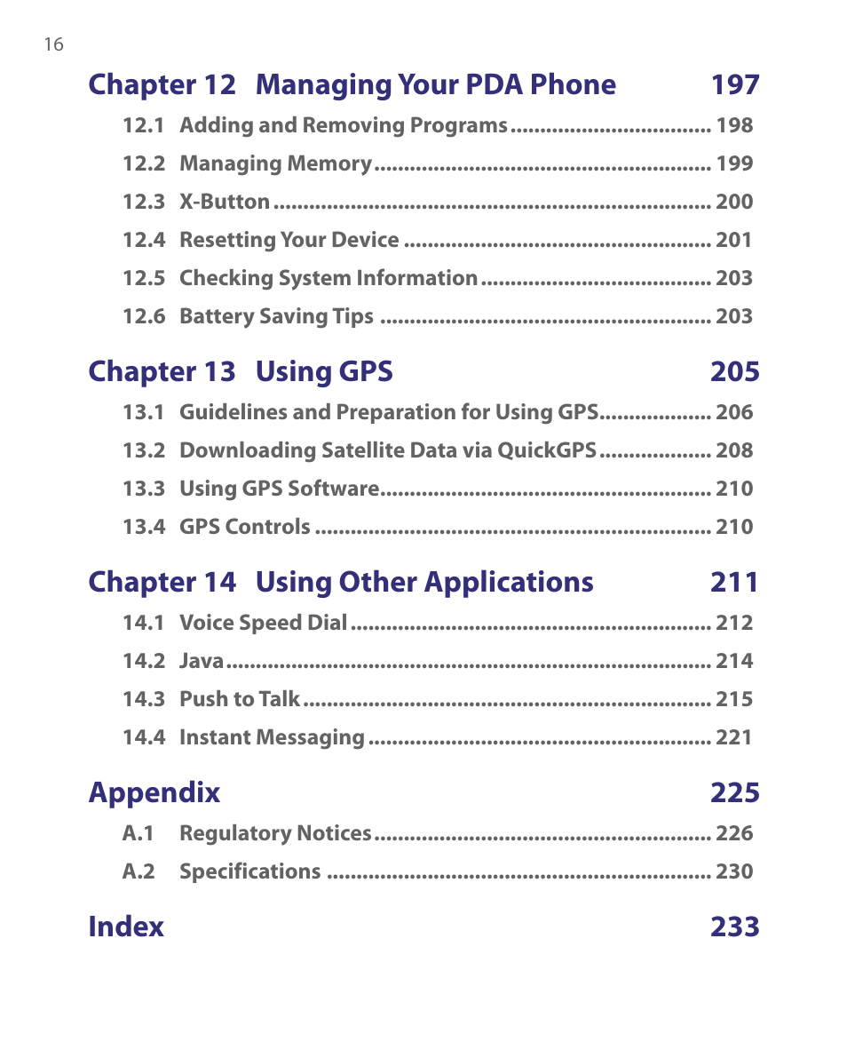 Appendix 225, Index 233 | HTC Tilt 8900 User Manual | Page 16 / 240