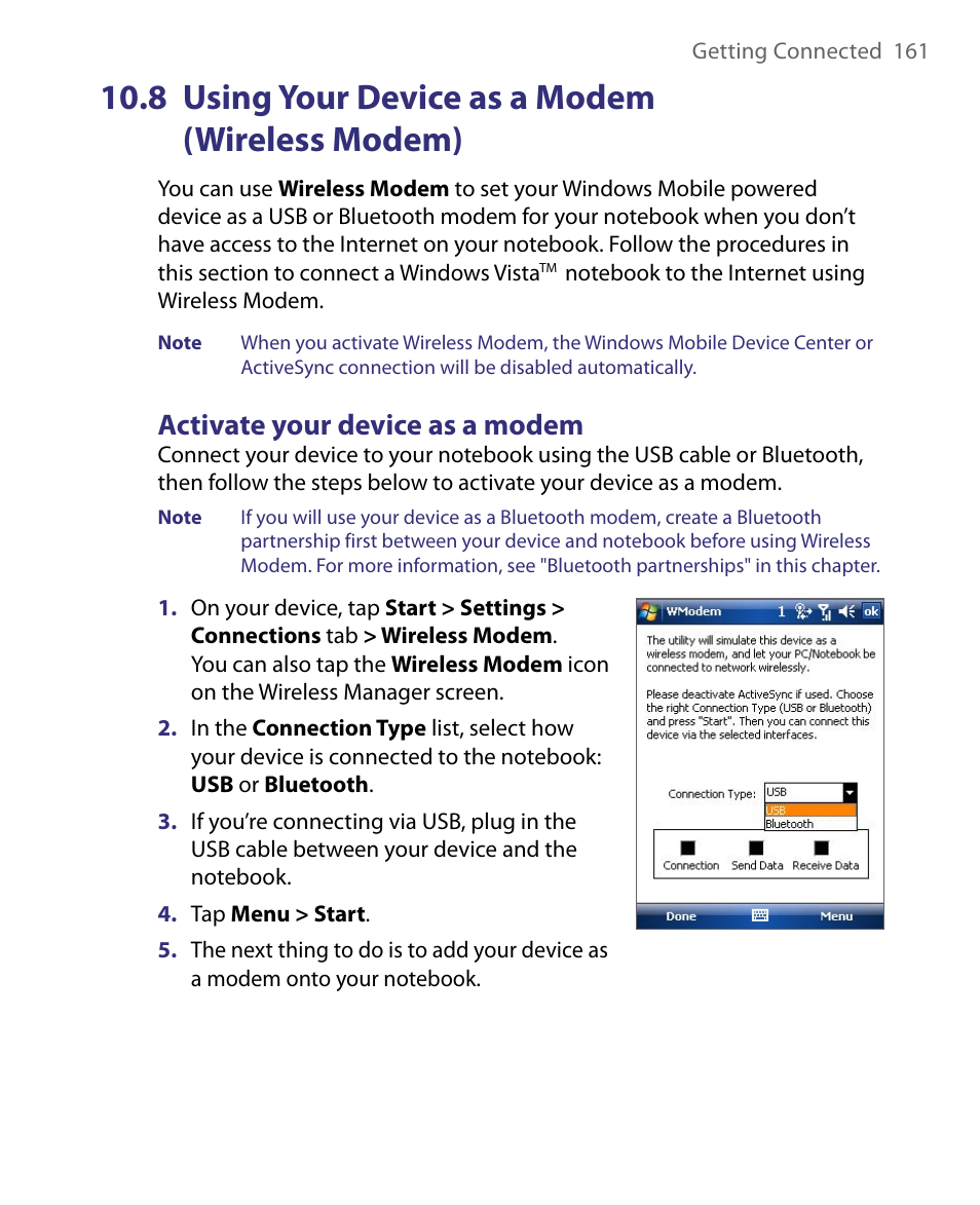 8 using your device as a modem, Wireless modem), 8 using your device as a modem (wireless modem) | Activate your device as a modem | HTC Tilt 8900 User Manual | Page 161 / 240