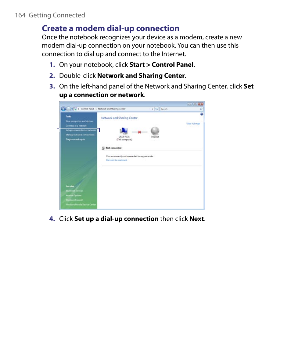 Create a modem dial-up connection | HTC Tilt 8900 User Manual | Page 164 / 240