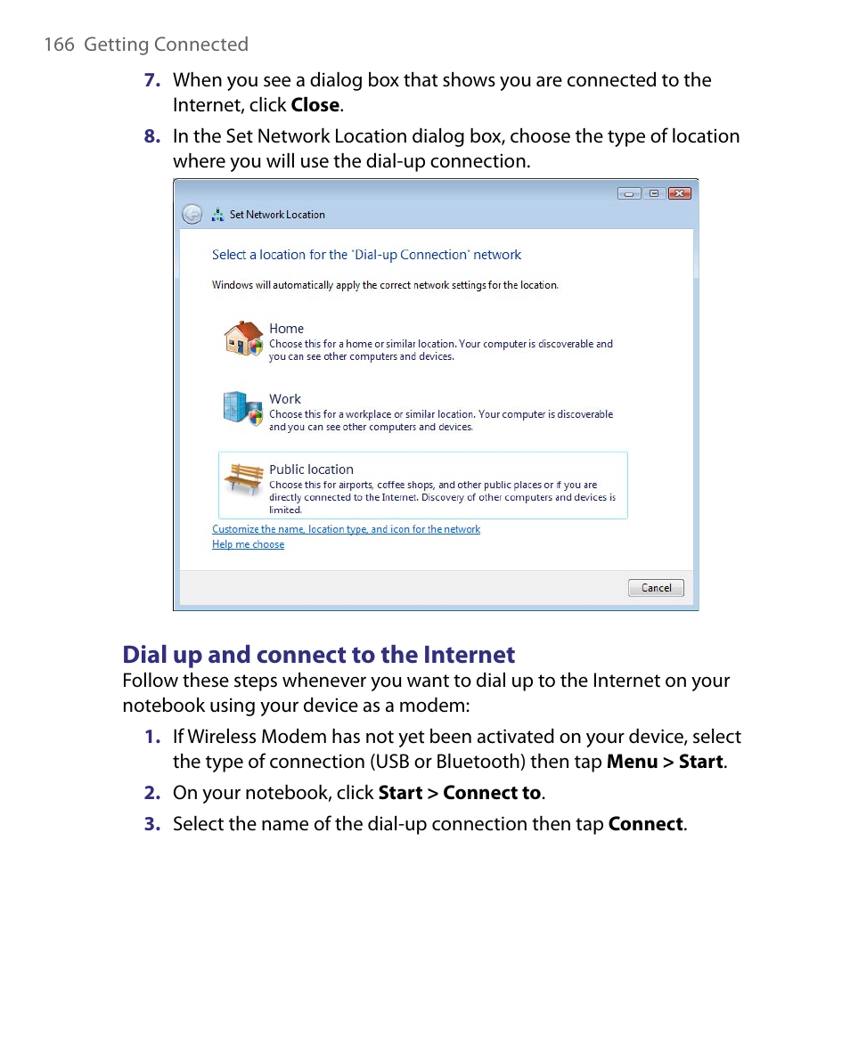 Dial up and connect to the internet | HTC Tilt 8900 User Manual | Page 166 / 240