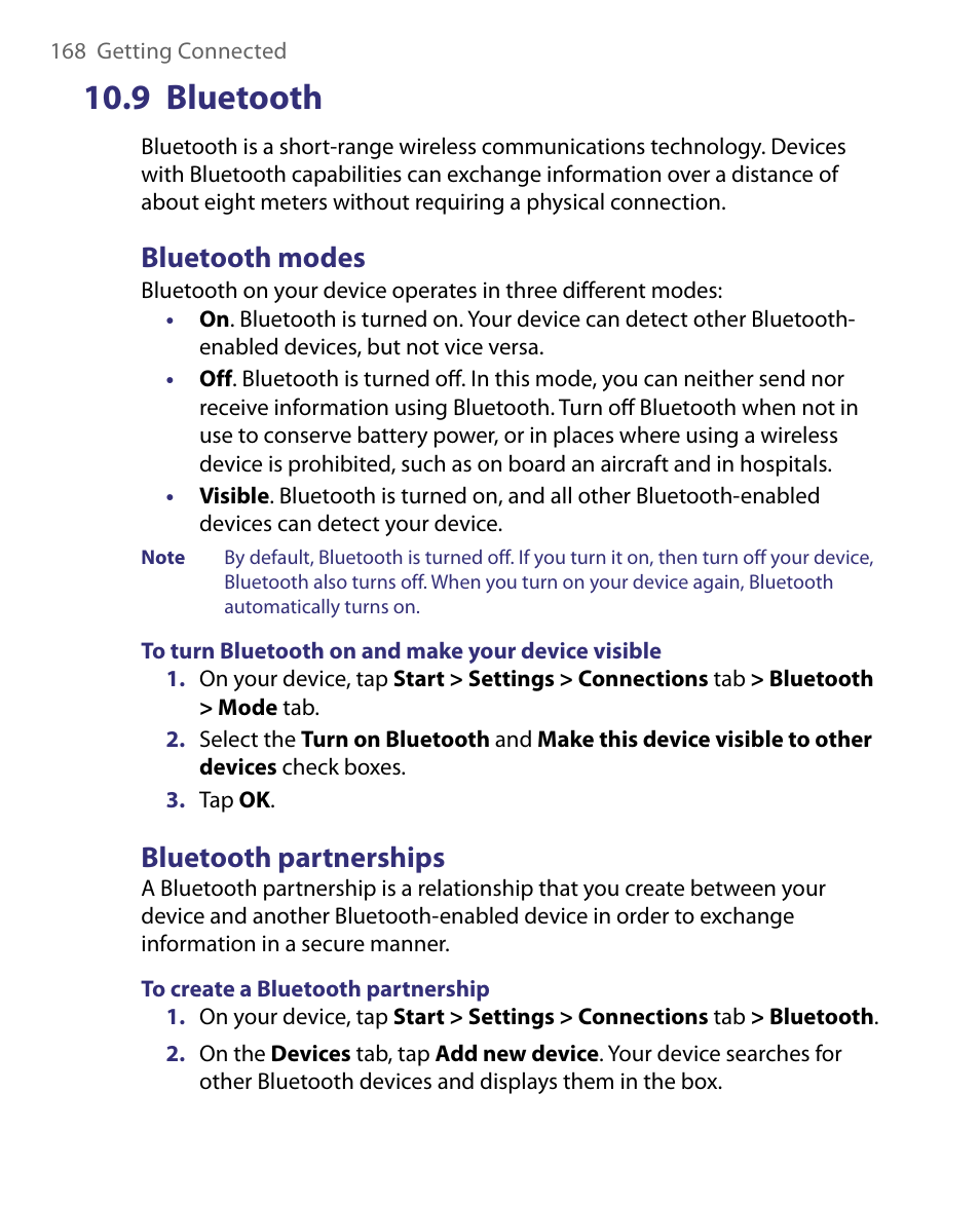 9 bluetooth, Bluetooth modes, Bluetooth partnerships | HTC Tilt 8900 User Manual | Page 168 / 240