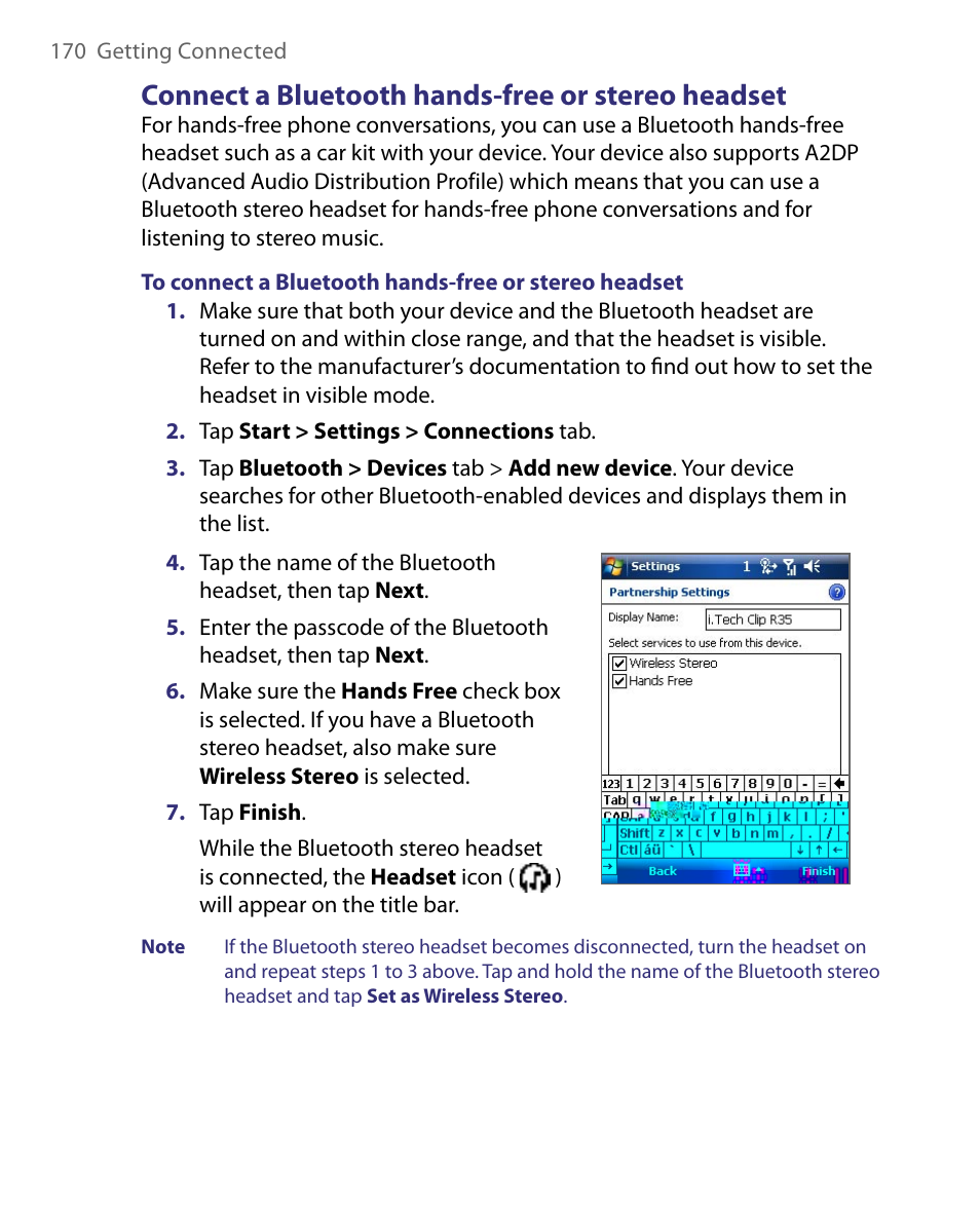 Connect a bluetooth hands-free or stereo headset | HTC Tilt 8900 User Manual | Page 170 / 240