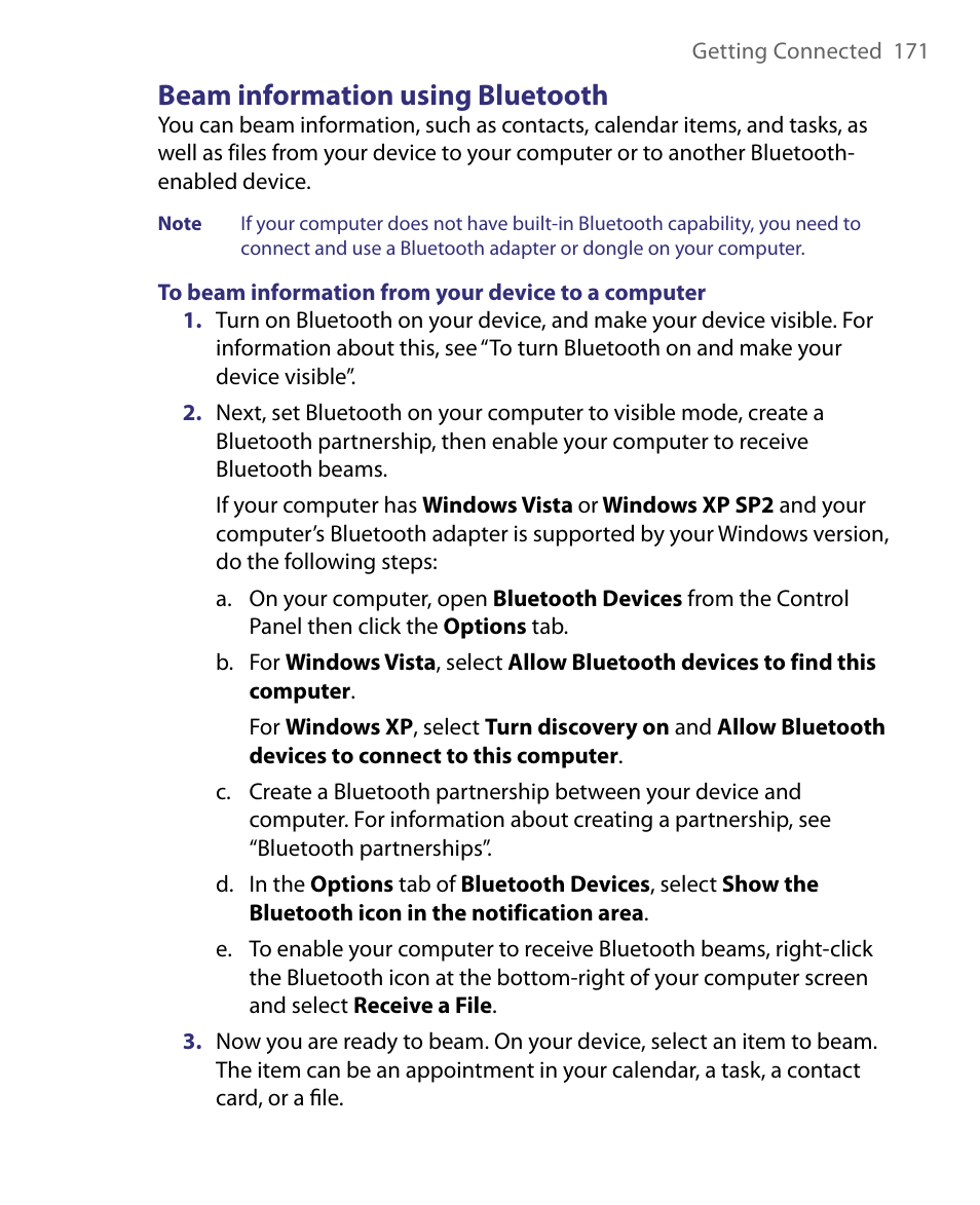 Beam information using bluetooth | HTC Tilt 8900 User Manual | Page 171 / 240