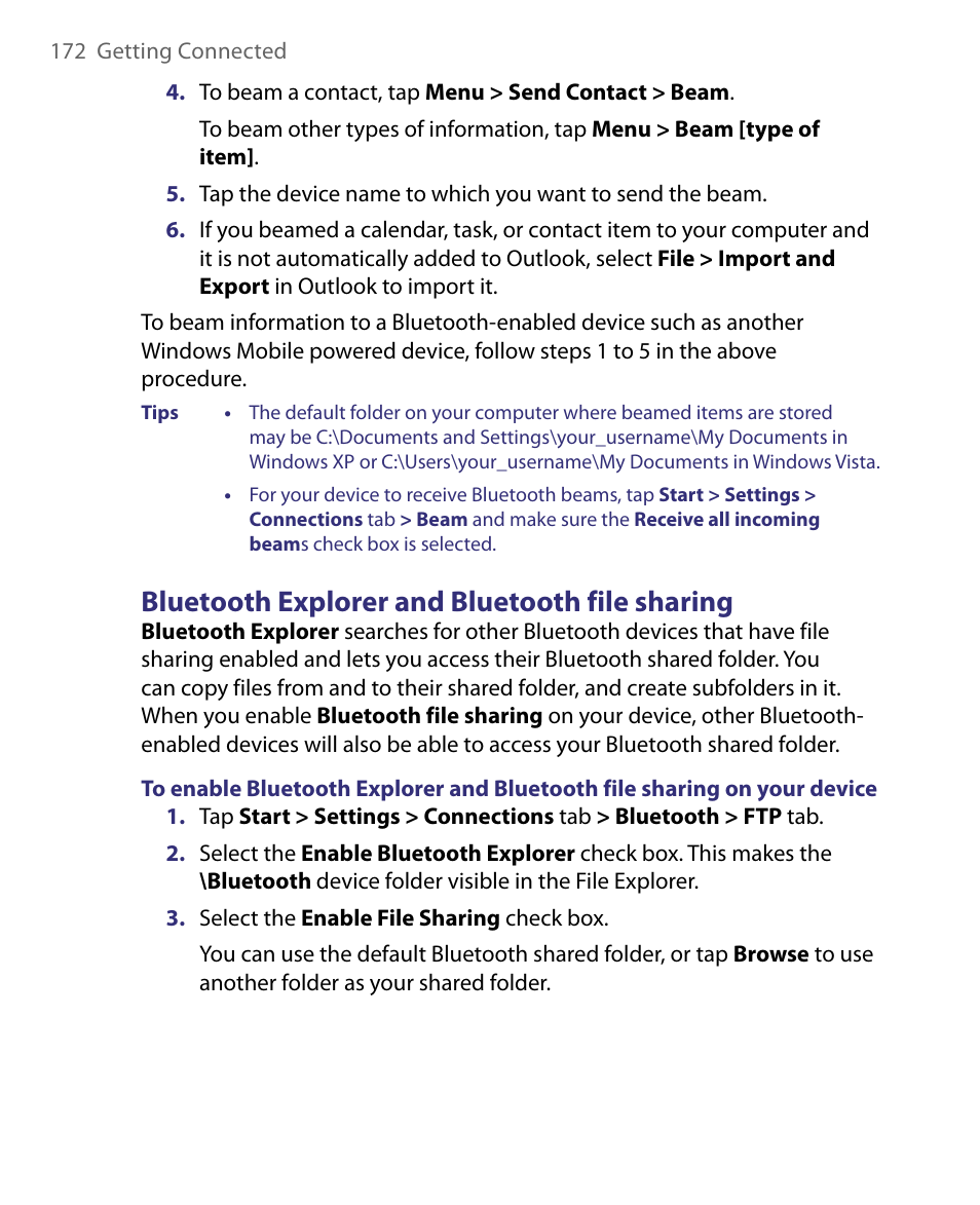 Bluetooth explorer and bluetooth file sharing | HTC Tilt 8900 User Manual | Page 172 / 240