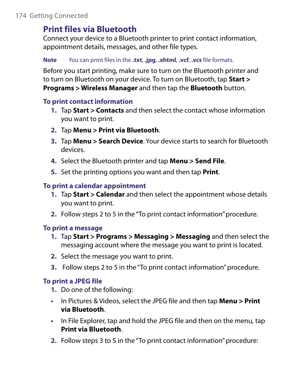 Print files via bluetooth | HTC Tilt 8900 User Manual | Page 174 / 240