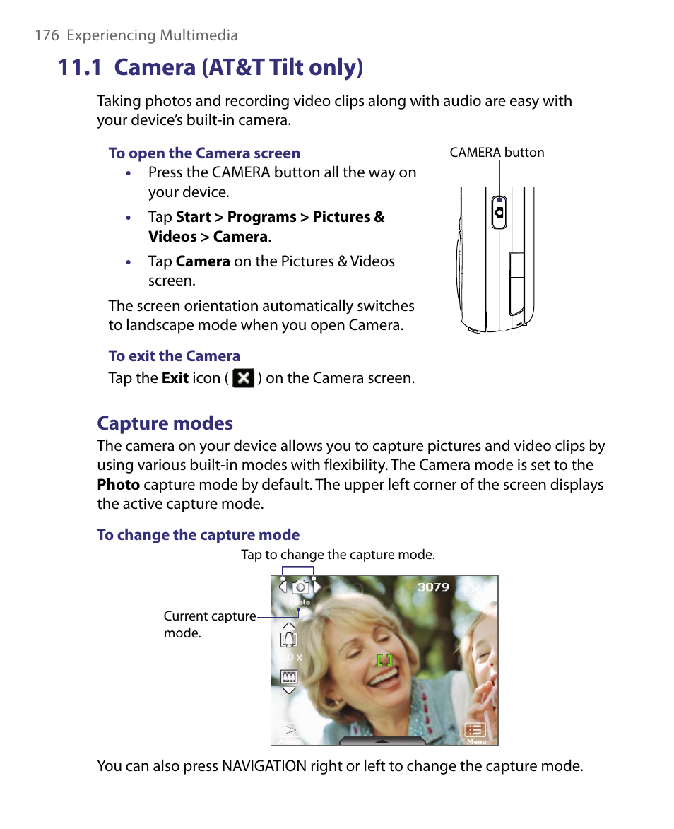 1 camera (at&t tilt only), Capture modes | HTC Tilt 8900 User Manual | Page 176 / 240