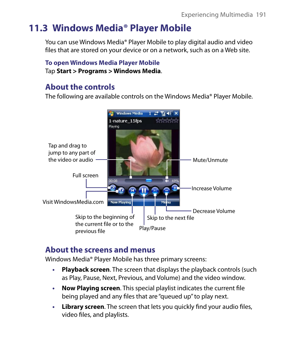 3 windows media® player mobile, About the controls, About the screens and menus | HTC Tilt 8900 User Manual | Page 191 / 240