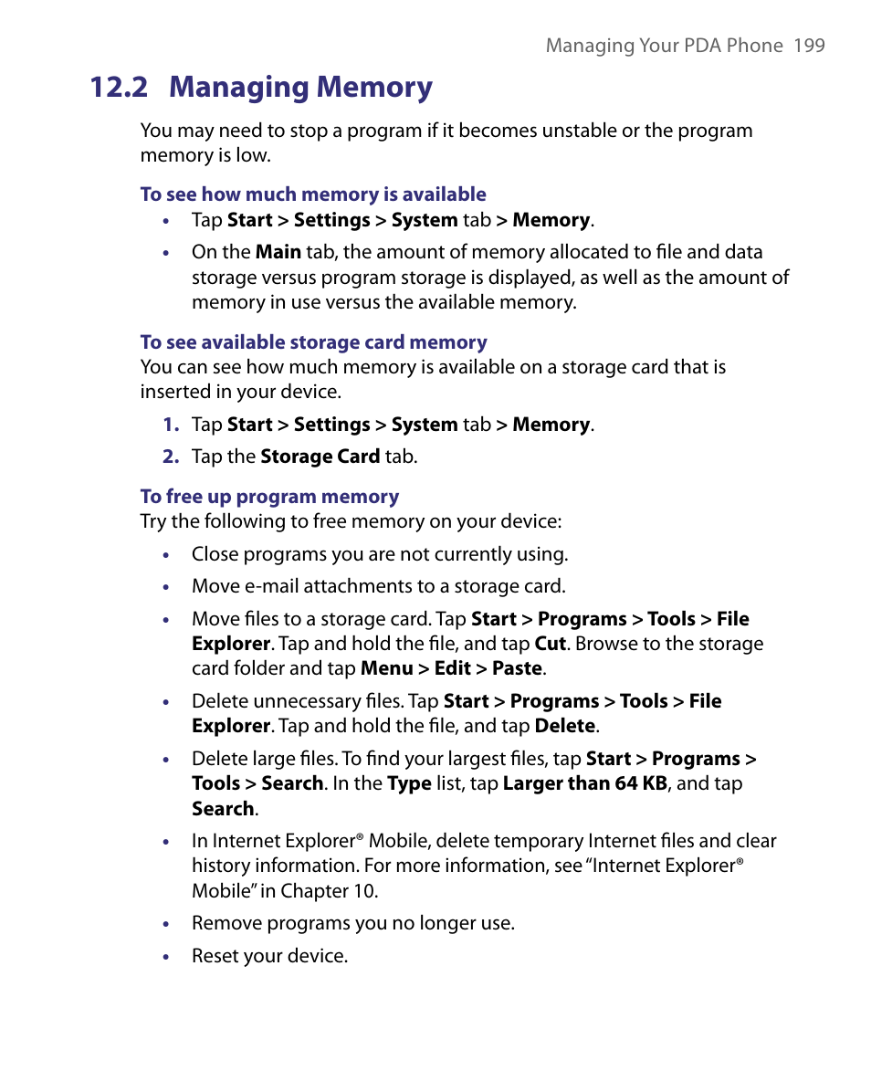 2 managing memory | HTC Tilt 8900 User Manual | Page 199 / 240