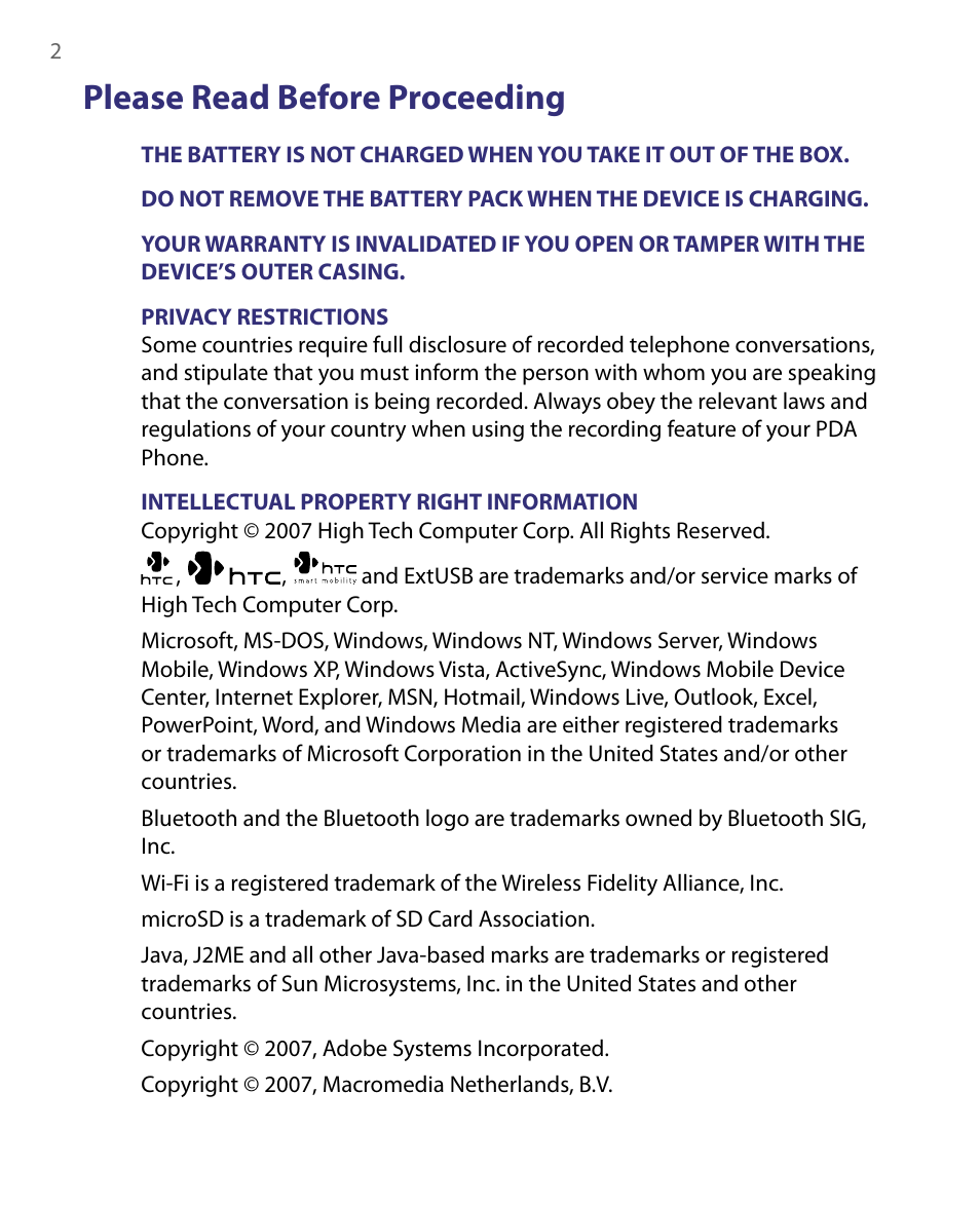 Please read before proceeding | HTC Tilt 8900 User Manual | Page 2 / 240