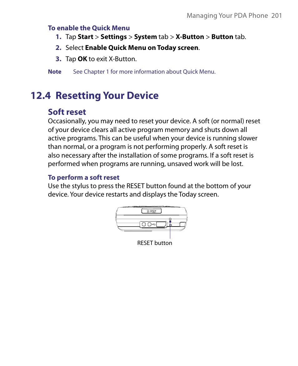 4 resetting your device, Soft reset | HTC Tilt 8900 User Manual | Page 201 / 240