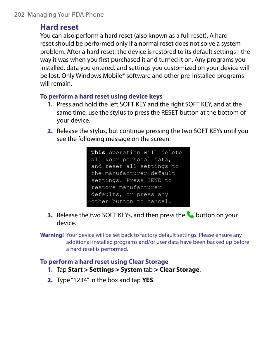 Hard reset | HTC Tilt 8900 User Manual | Page 202 / 240