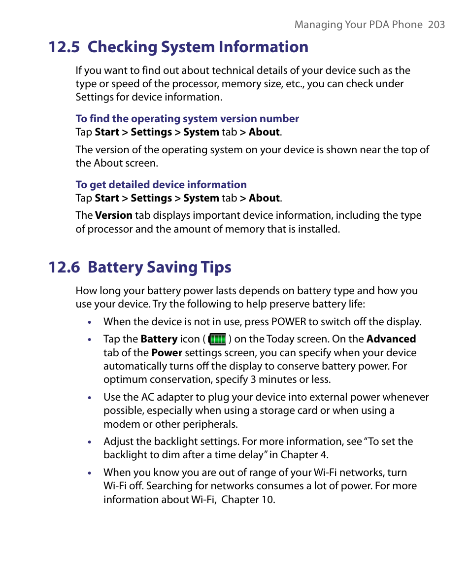 5 checking system information, 6 battery saving tips | HTC Tilt 8900 User Manual | Page 203 / 240