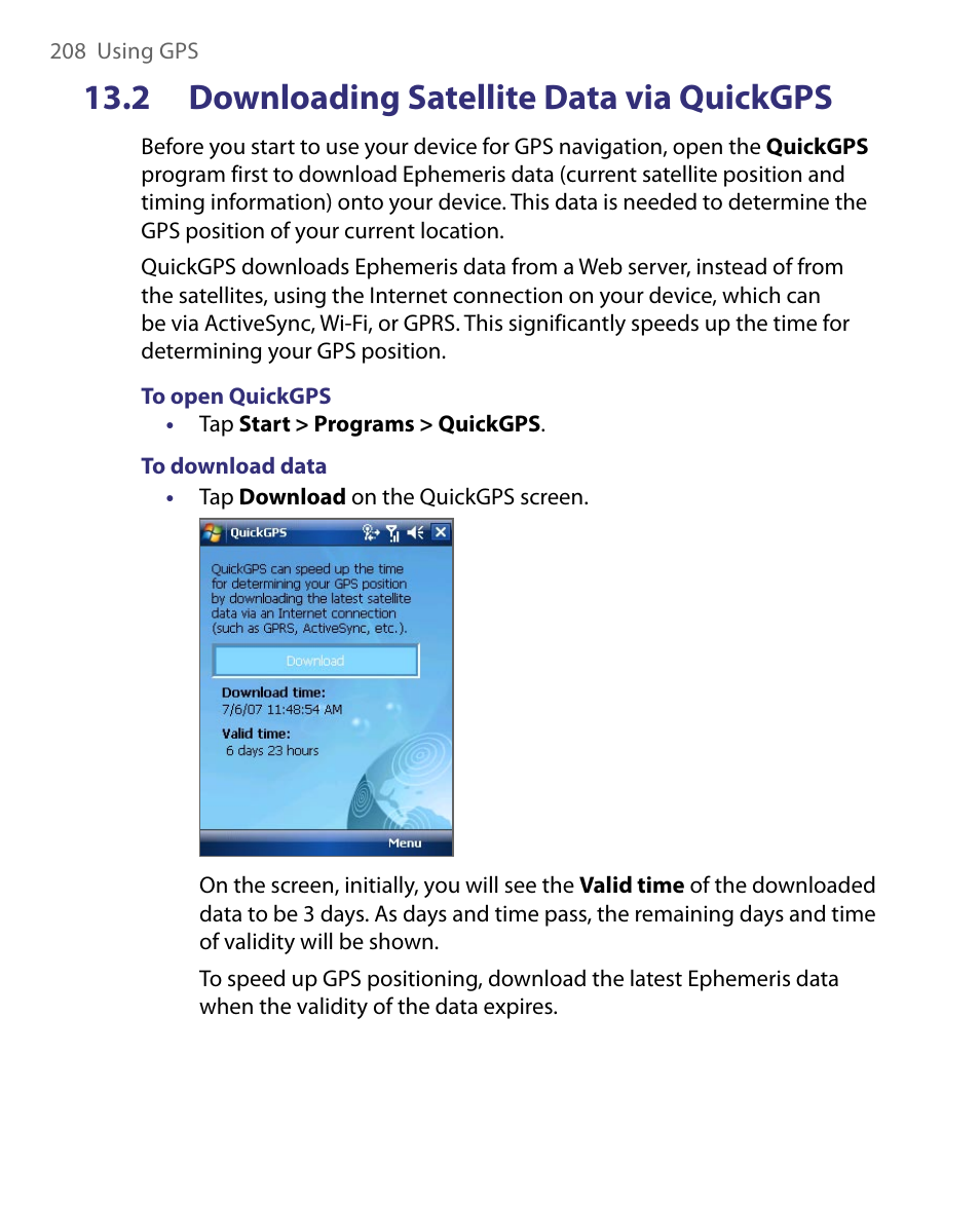 2 downloading satellite data via quickgps | HTC Tilt 8900 User Manual | Page 208 / 240