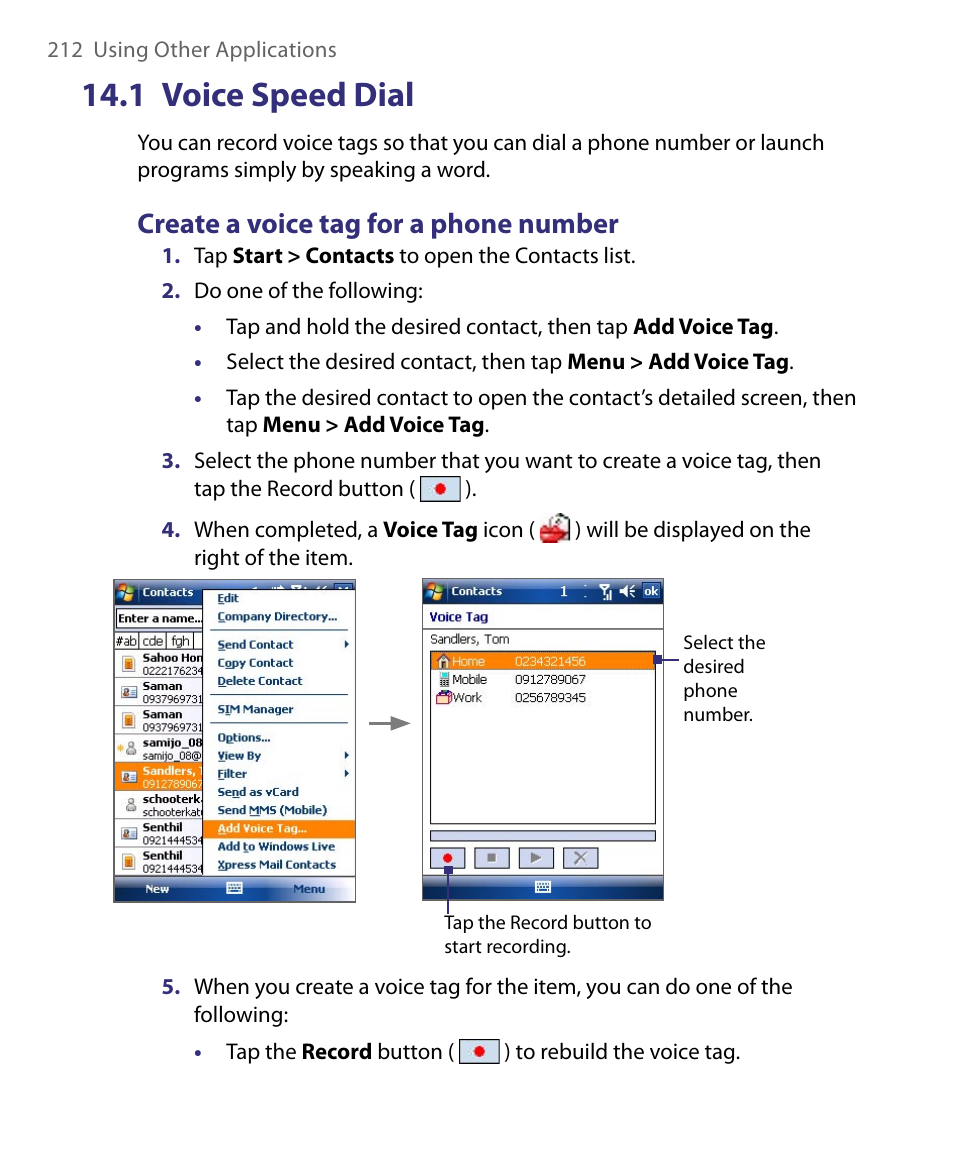 1 voice speed dial, Create a voice tag for a phone number | HTC Tilt 8900 User Manual | Page 212 / 240