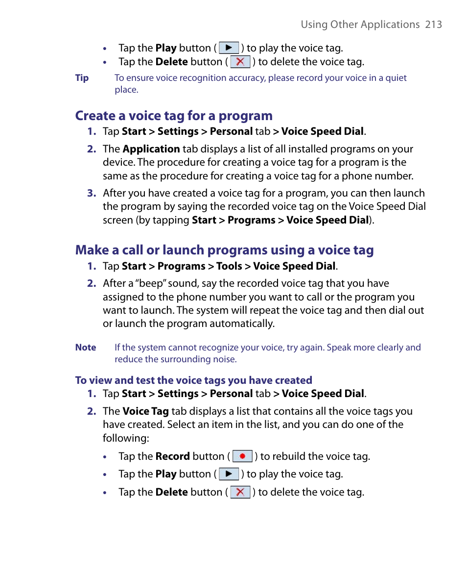 Create a voice tag for a program, Make a call or launch programs using a voice tag | HTC Tilt 8900 User Manual | Page 213 / 240