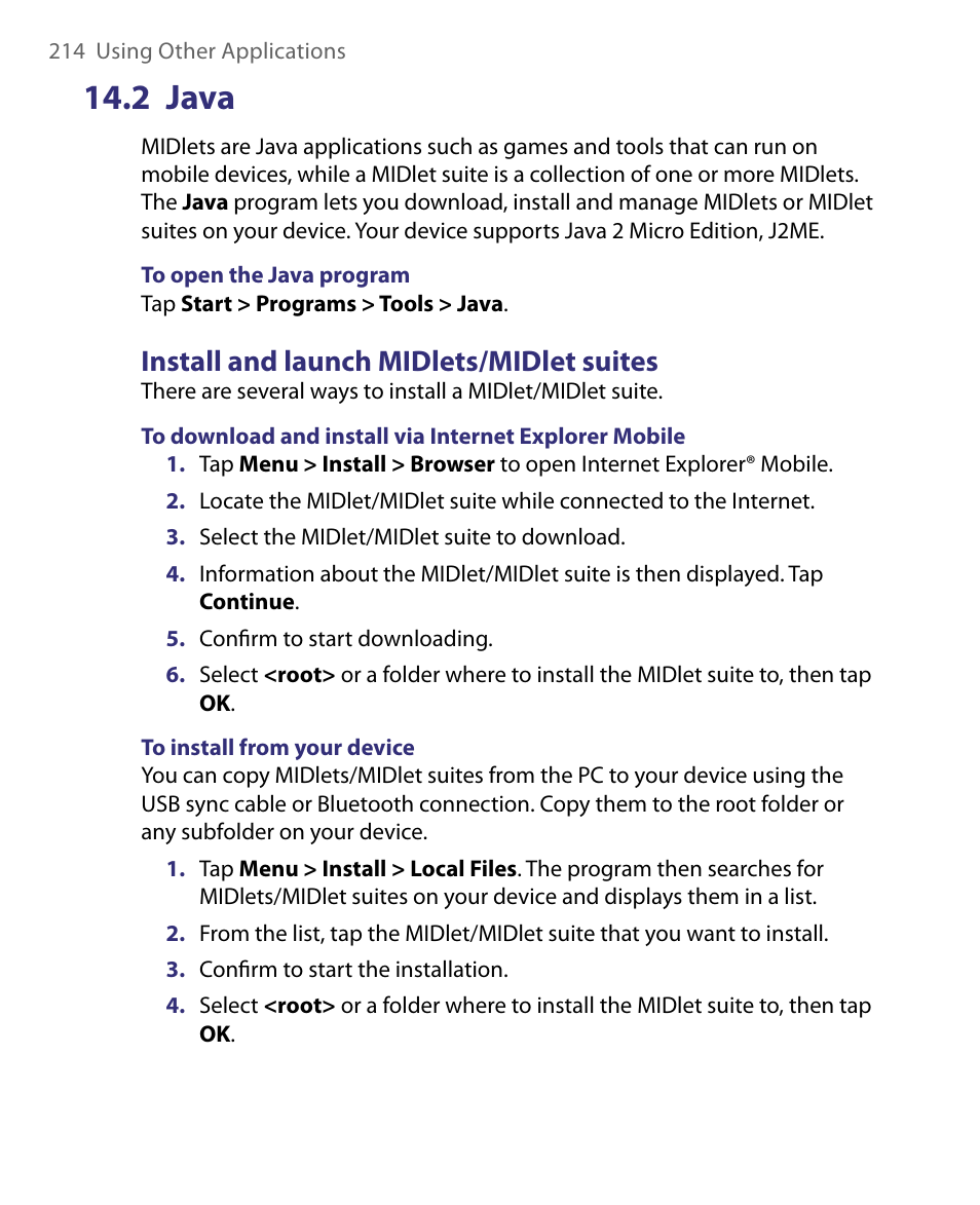 2 java, Install and launch midlets/midlet suites | HTC Tilt 8900 User Manual | Page 214 / 240