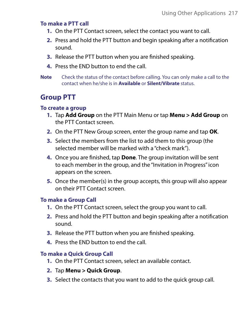 Group ptt | HTC Tilt 8900 User Manual | Page 217 / 240