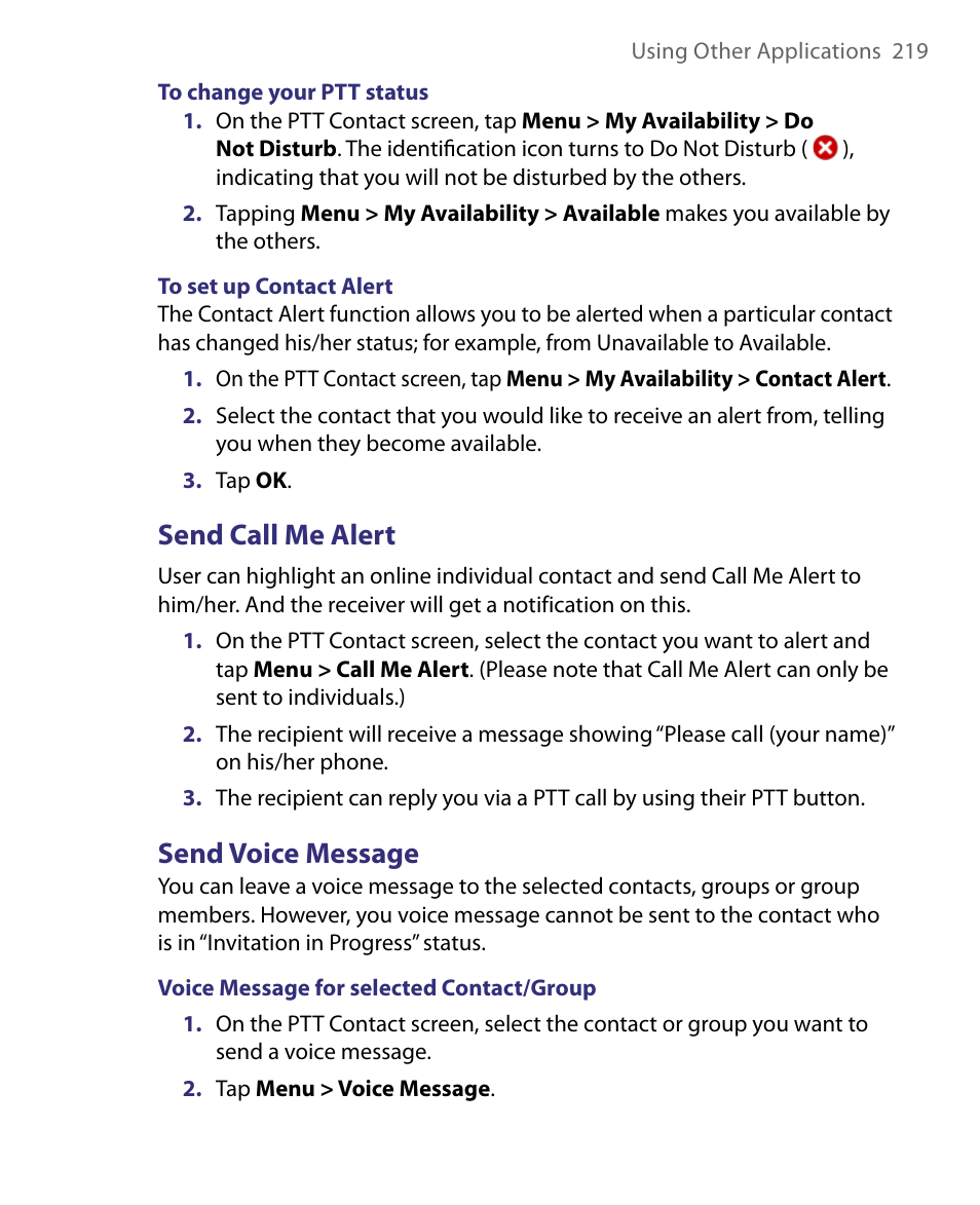 Send call me alert, Send voice message | HTC Tilt 8900 User Manual | Page 219 / 240