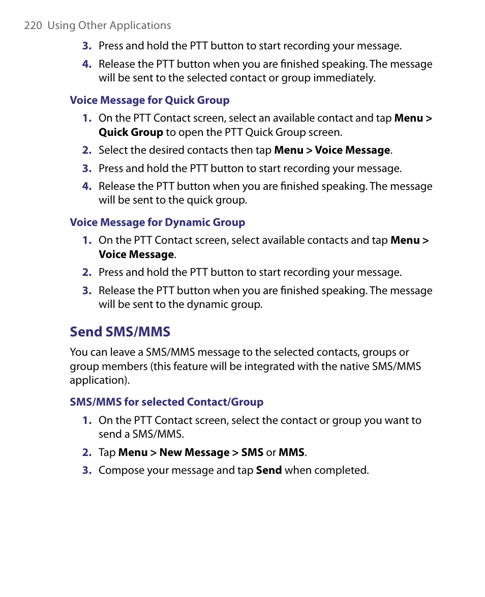 Send sms/mms | HTC Tilt 8900 User Manual | Page 220 / 240