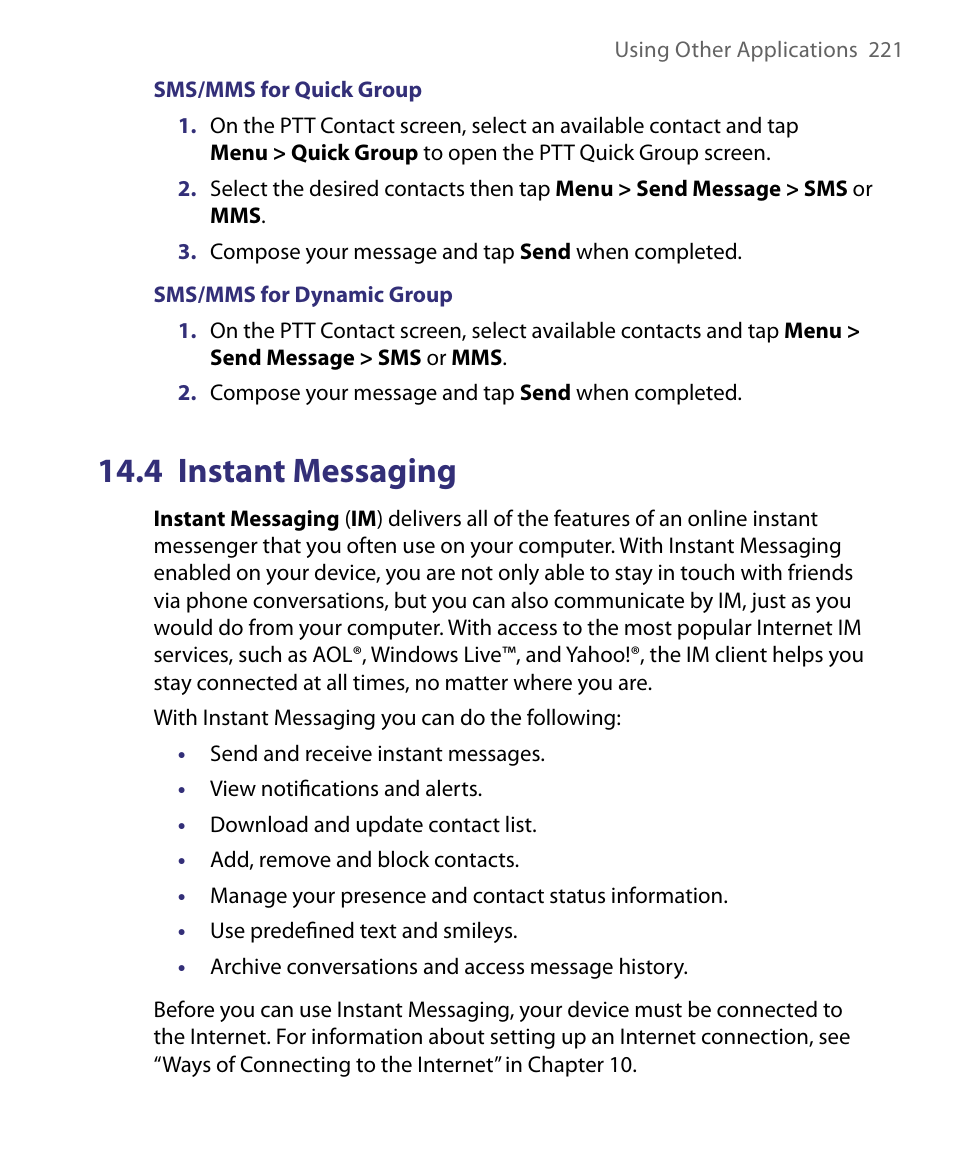 4 instant messaging | HTC Tilt 8900 User Manual | Page 221 / 240