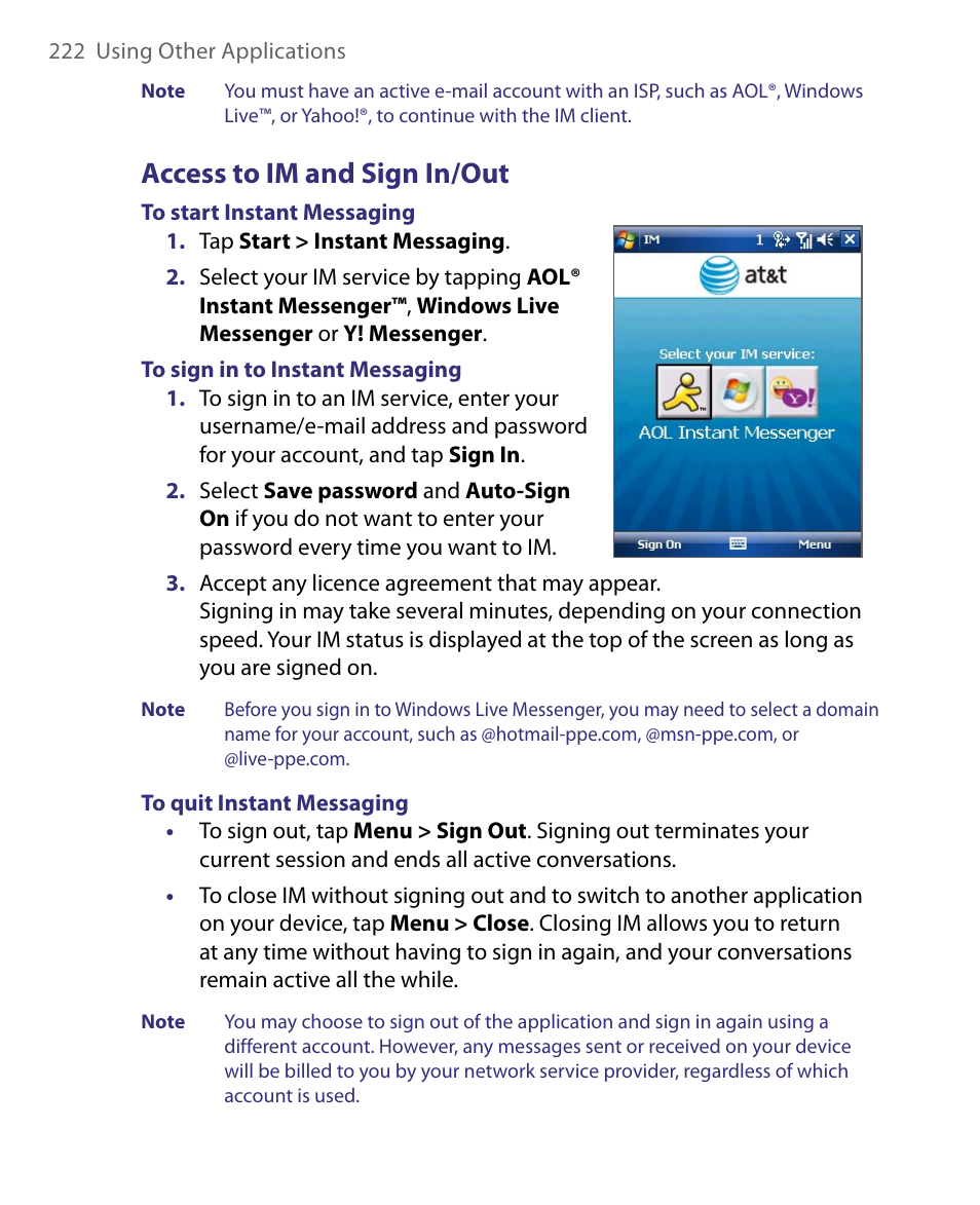 Access to im and sign in/out | HTC Tilt 8900 User Manual | Page 222 / 240
