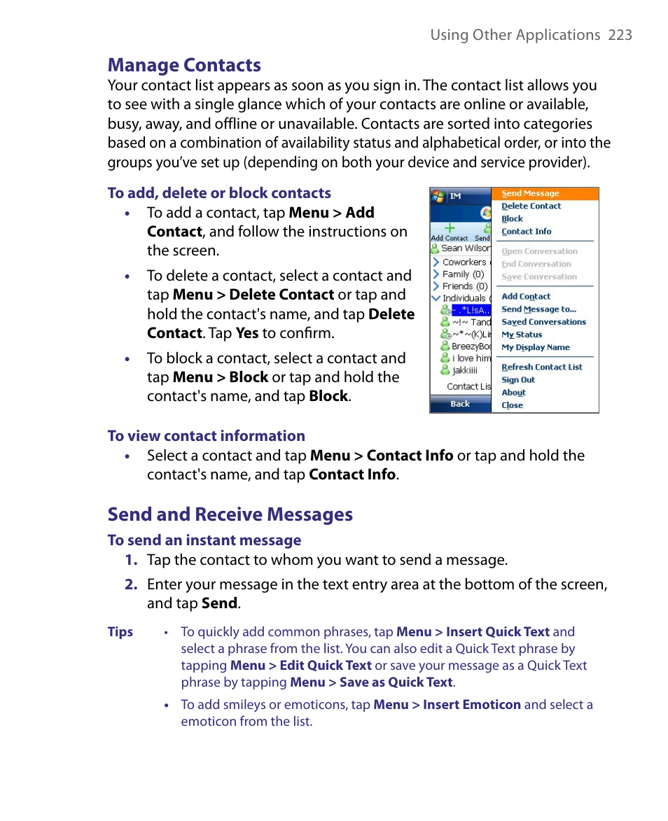 Manage contacts, Send and receive messages | HTC Tilt 8900 User Manual | Page 223 / 240