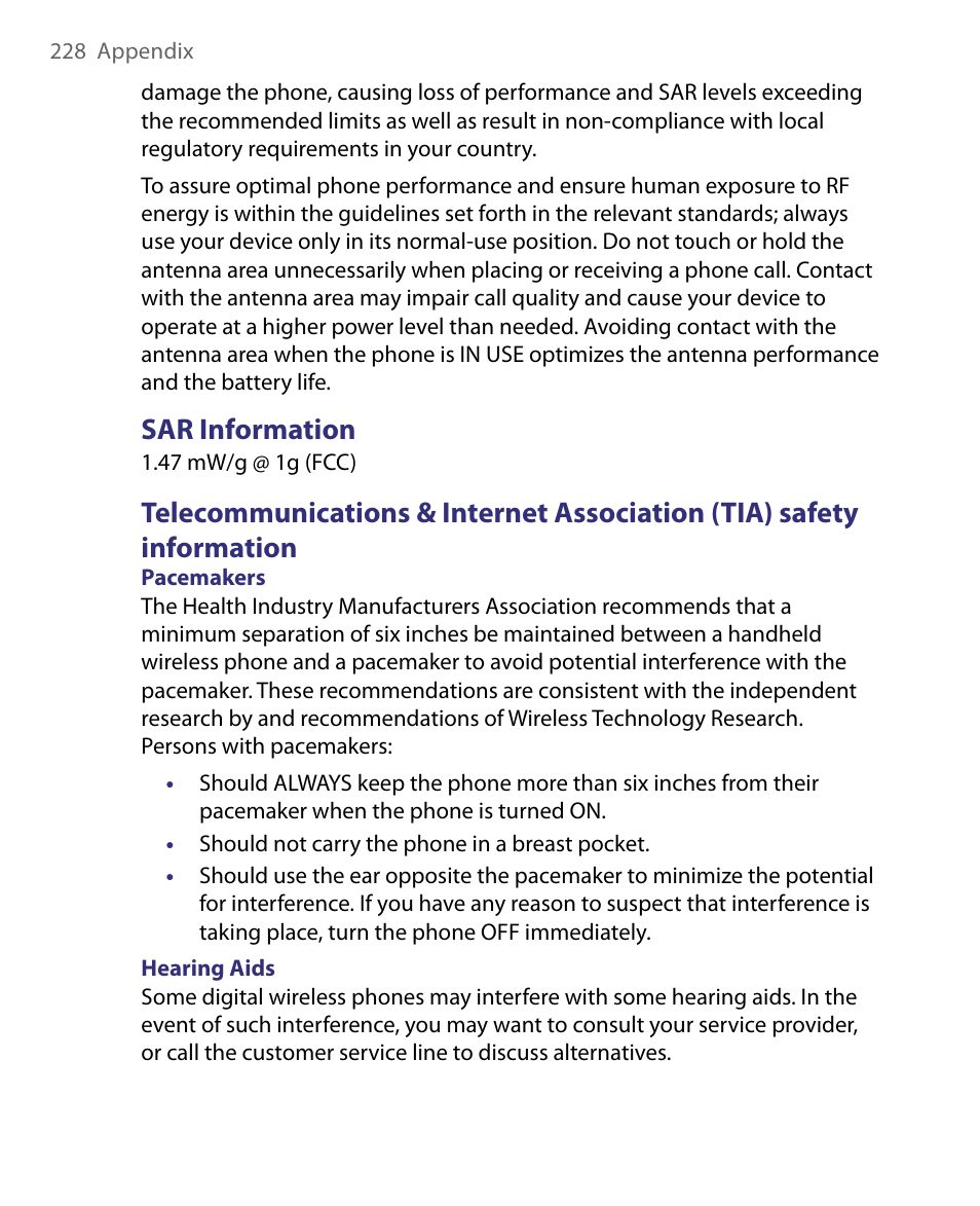 Sar information | HTC Tilt 8900 User Manual | Page 228 / 240
