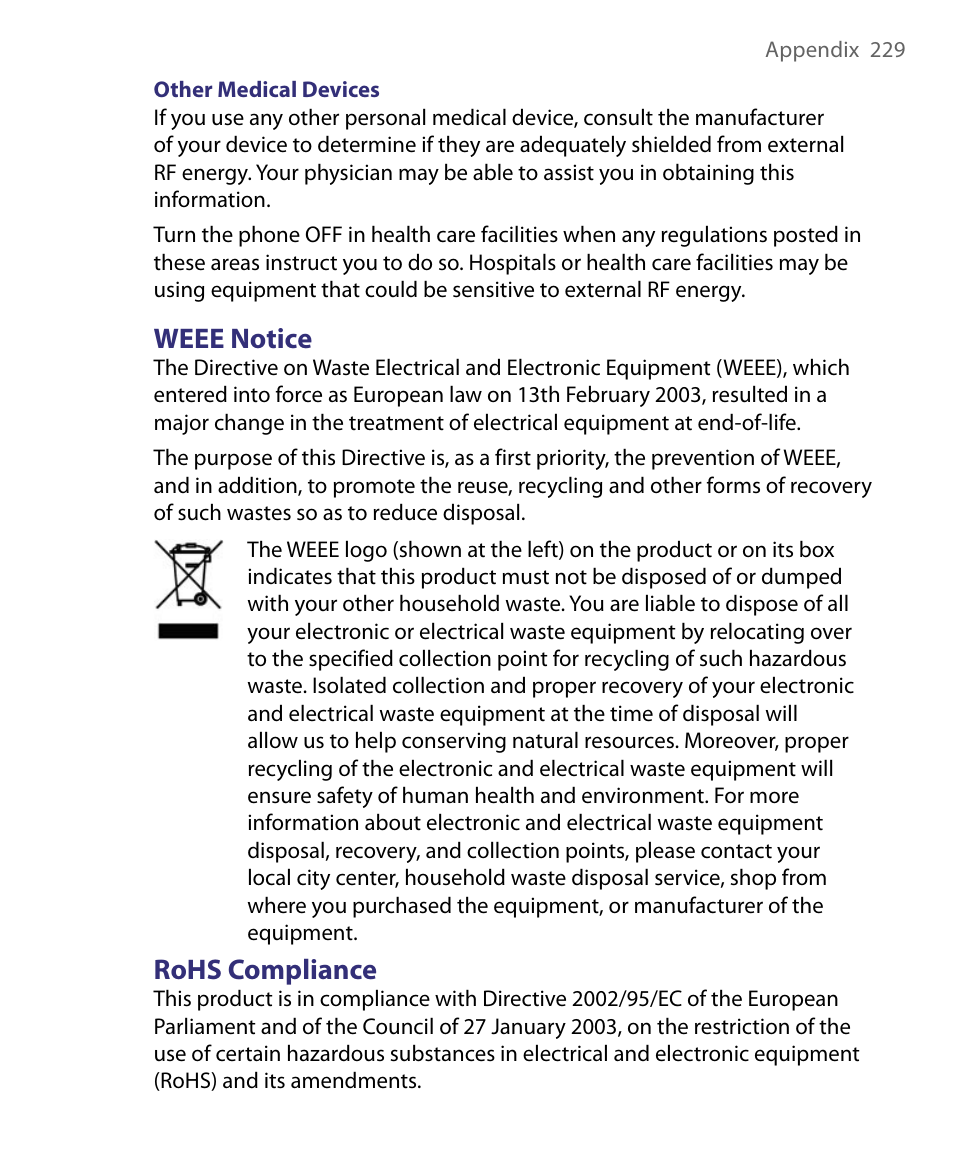 Weee notice, Rohs compliance | HTC Tilt 8900 User Manual | Page 229 / 240