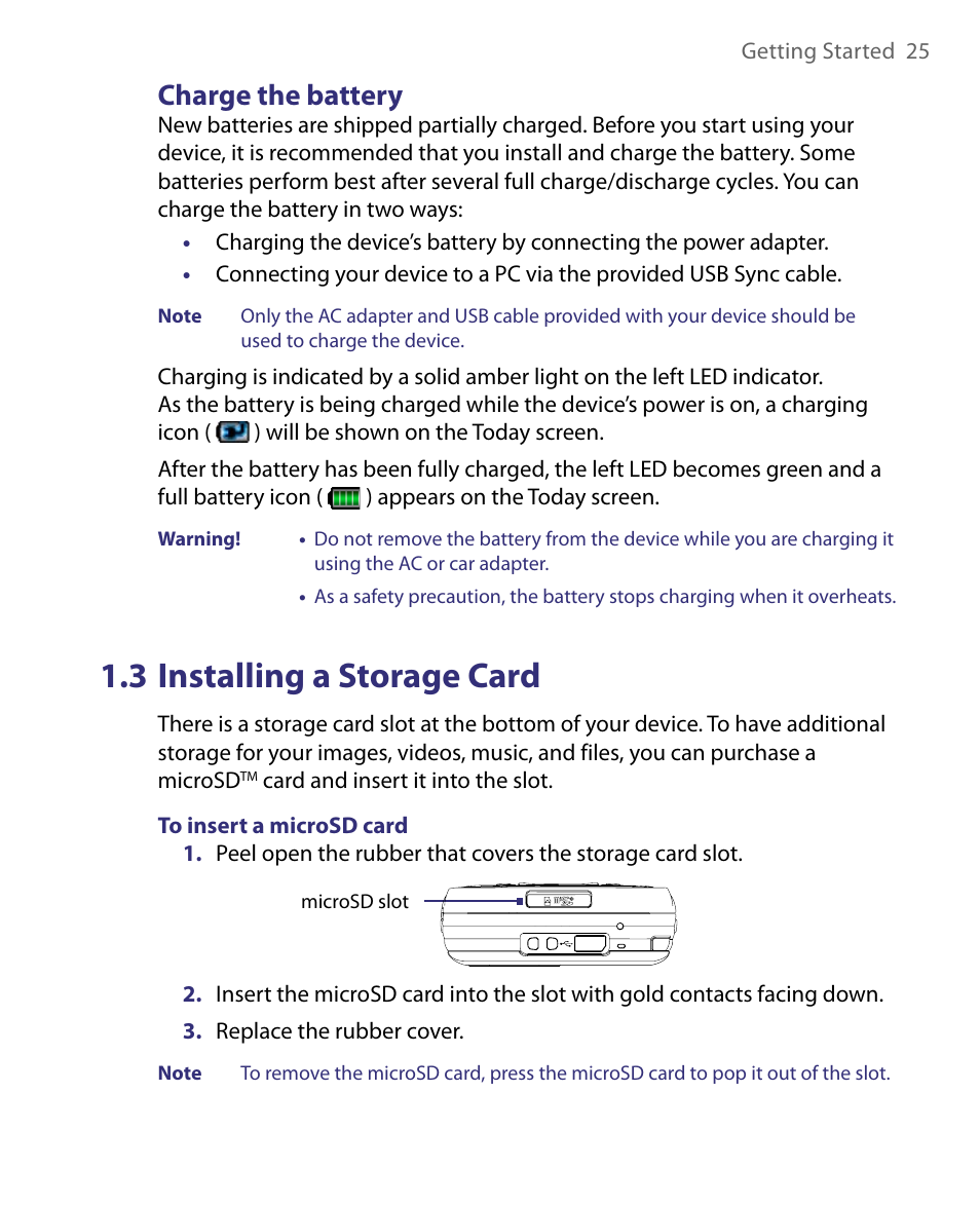 3 installing a storage card, Charge the battery | HTC Tilt 8900 User Manual | Page 25 / 240