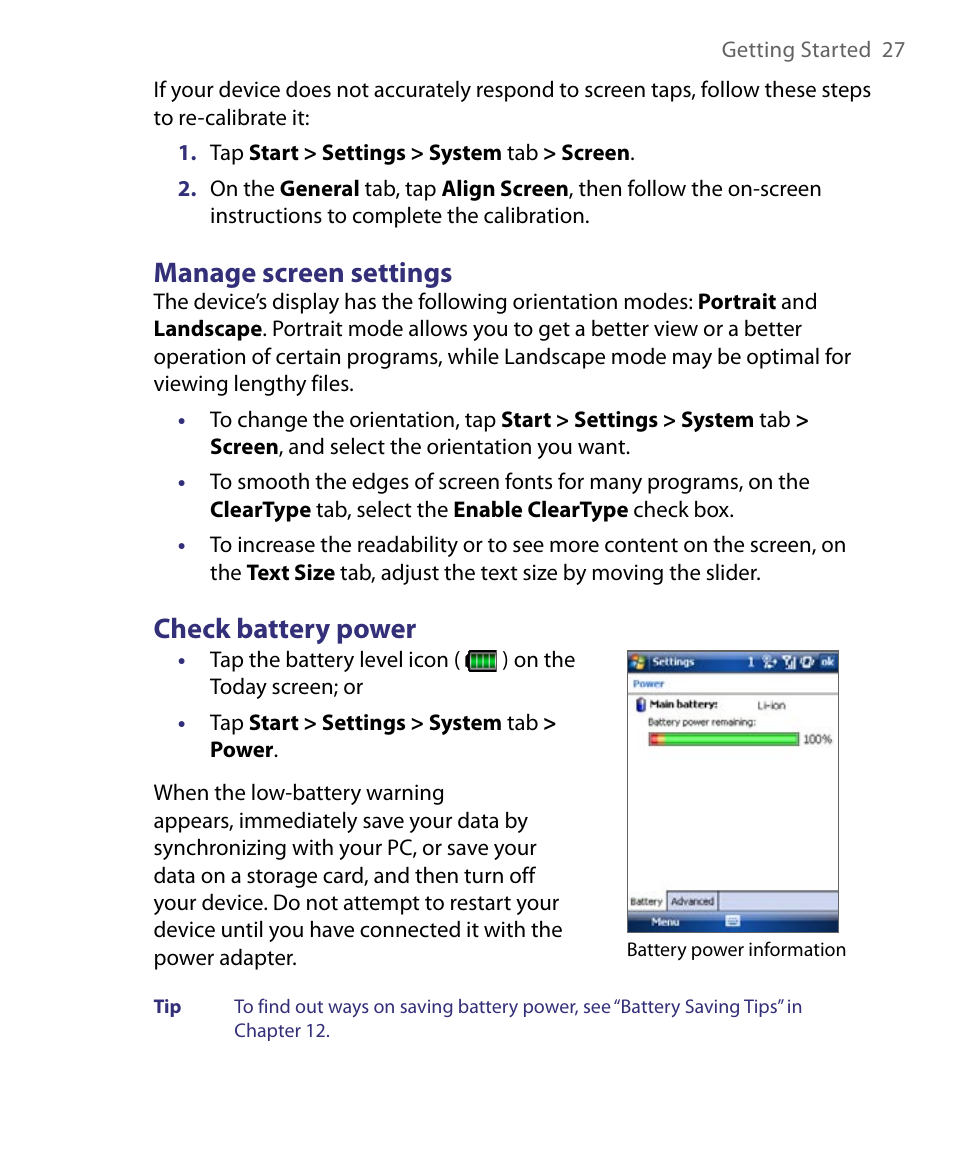 Manage screen settings, Check battery power | HTC Tilt 8900 User Manual | Page 27 / 240