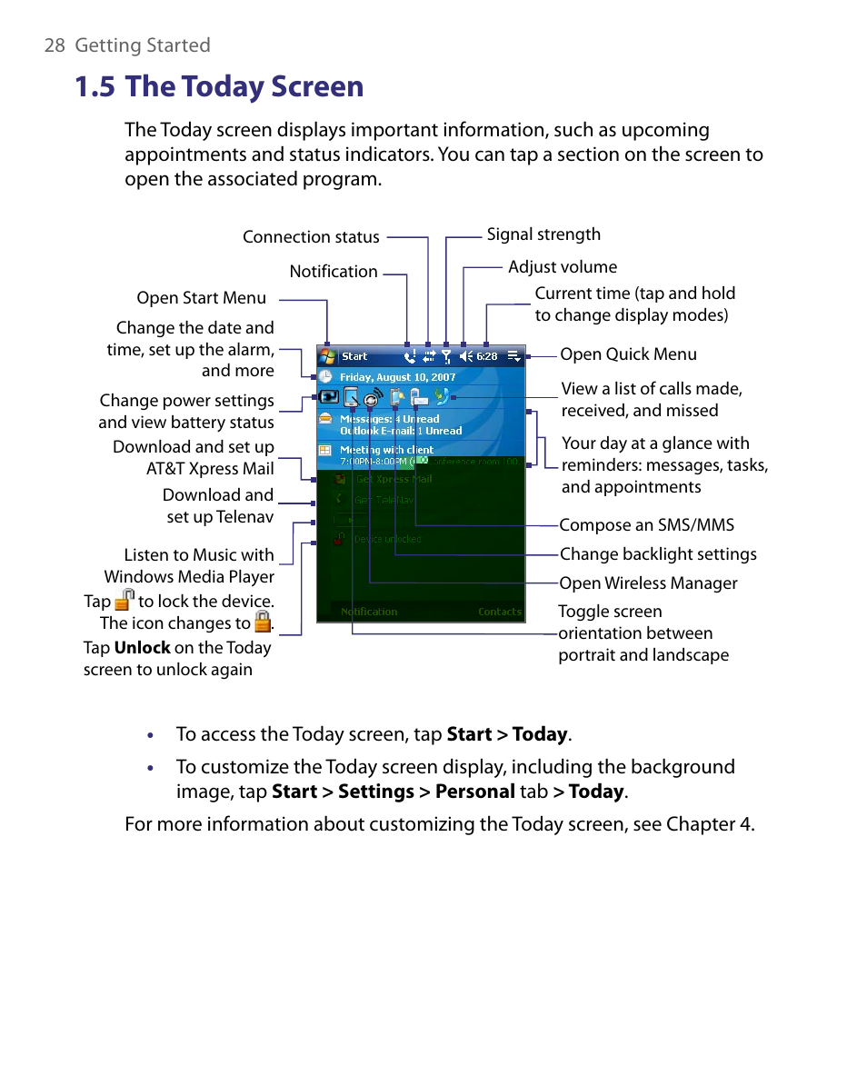 5 the today screen | HTC Tilt 8900 User Manual | Page 28 / 240