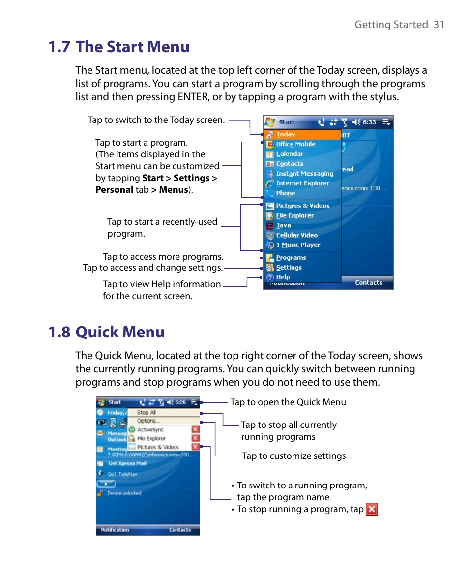 7 the start menu, 8 quick menu | HTC Tilt 8900 User Manual | Page 31 / 240