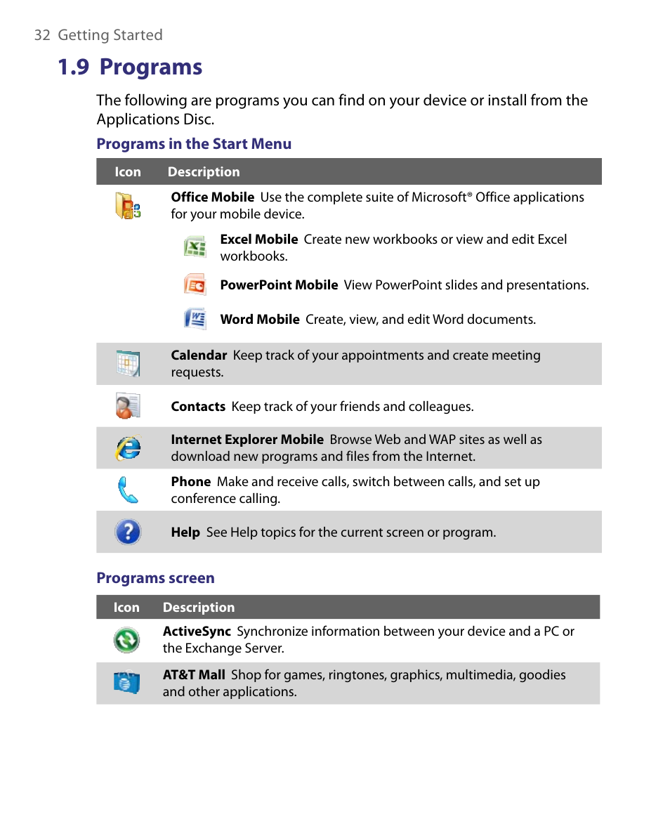 9 programs | HTC Tilt 8900 User Manual | Page 32 / 240
