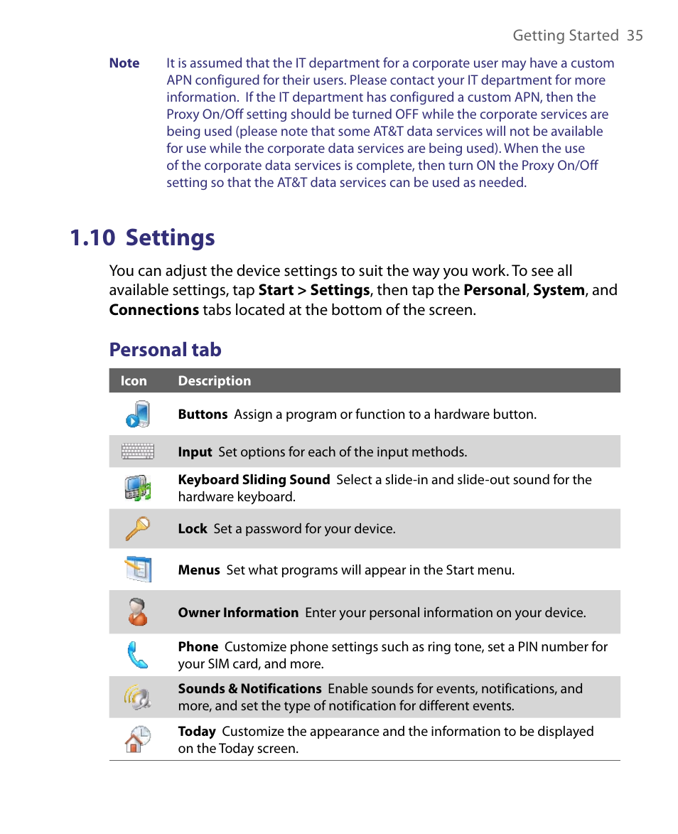 10 settings, Personal tab | HTC Tilt 8900 User Manual | Page 35 / 240