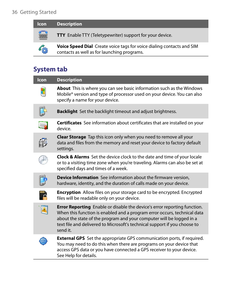 System tab | HTC Tilt 8900 User Manual | Page 36 / 240