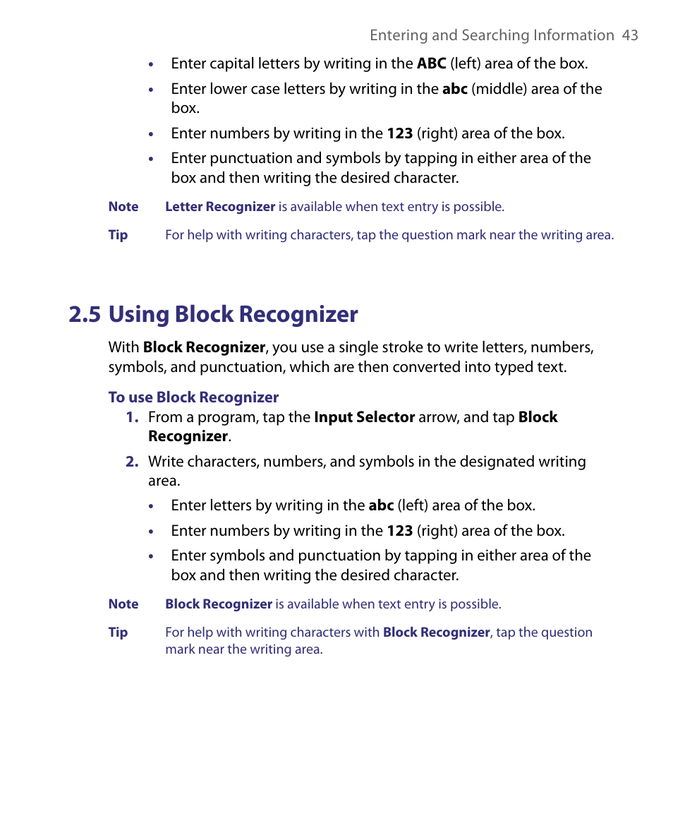5 using block recognizer | HTC Tilt 8900 User Manual | Page 43 / 240
