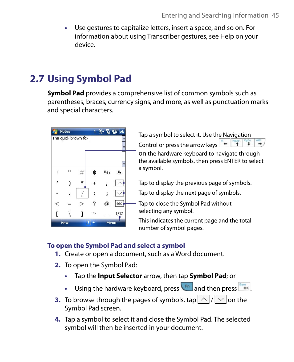 7 using symbol pad | HTC Tilt 8900 User Manual | Page 45 / 240